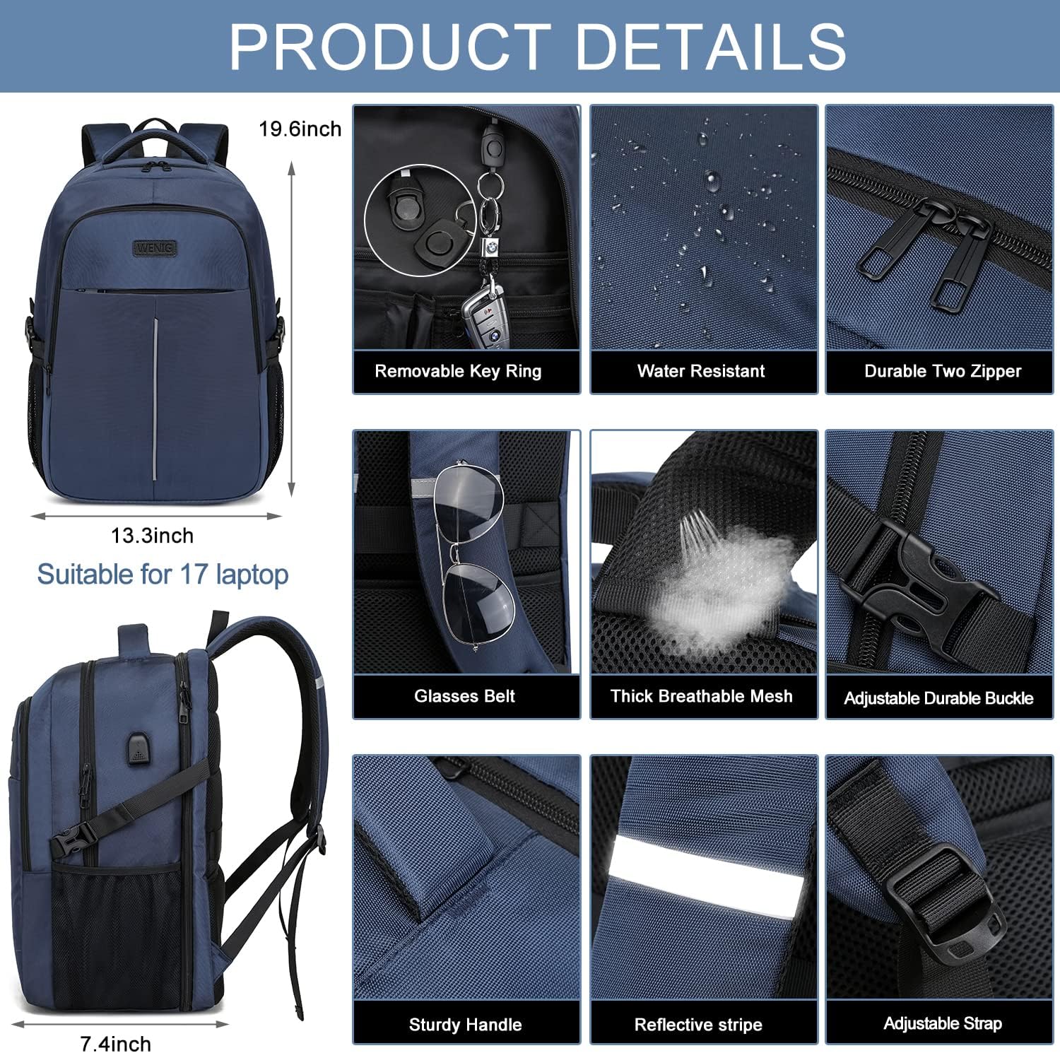 Detalle 2 de WENIG Sac à dos homme pour ordinateur portable 17,3 pouces TSA anti-vol imperméable avec charge USB – Bleu