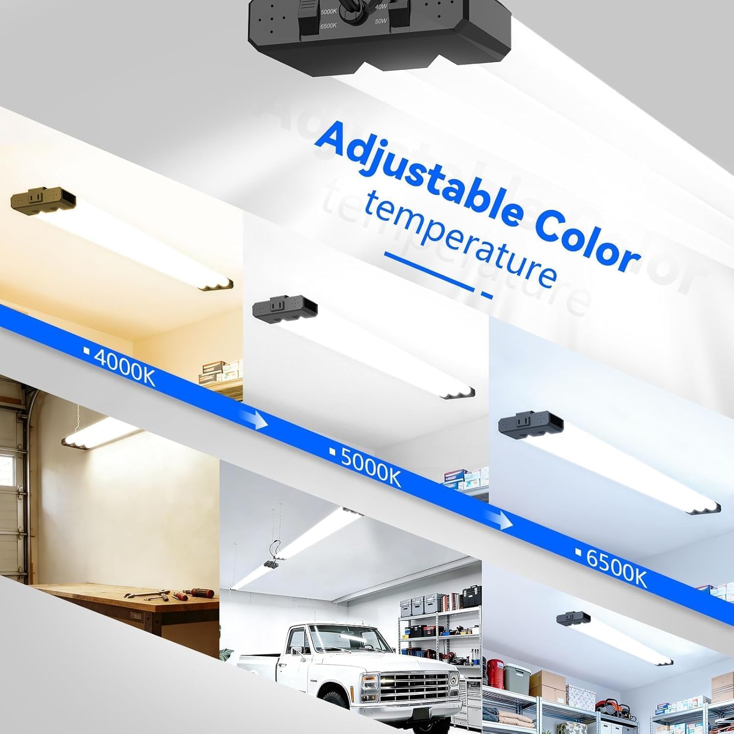 Detalle de JESLED 4FT LED Shop Light, 30W–50W Selectable, 3CCT, 7,500 lm