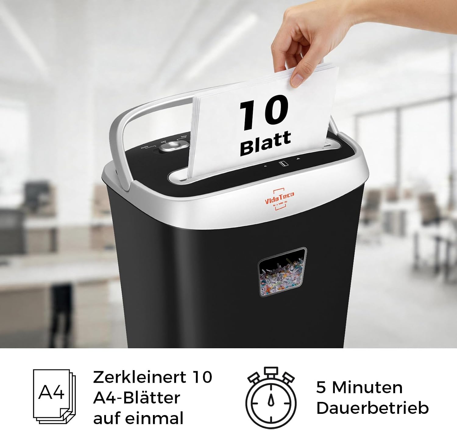 Thumbnail 3 de VidaTeco Schredder Aktenvernichter 10 Blatt Kreuzschnitt P-4, 15L – ideal fürs Home Office