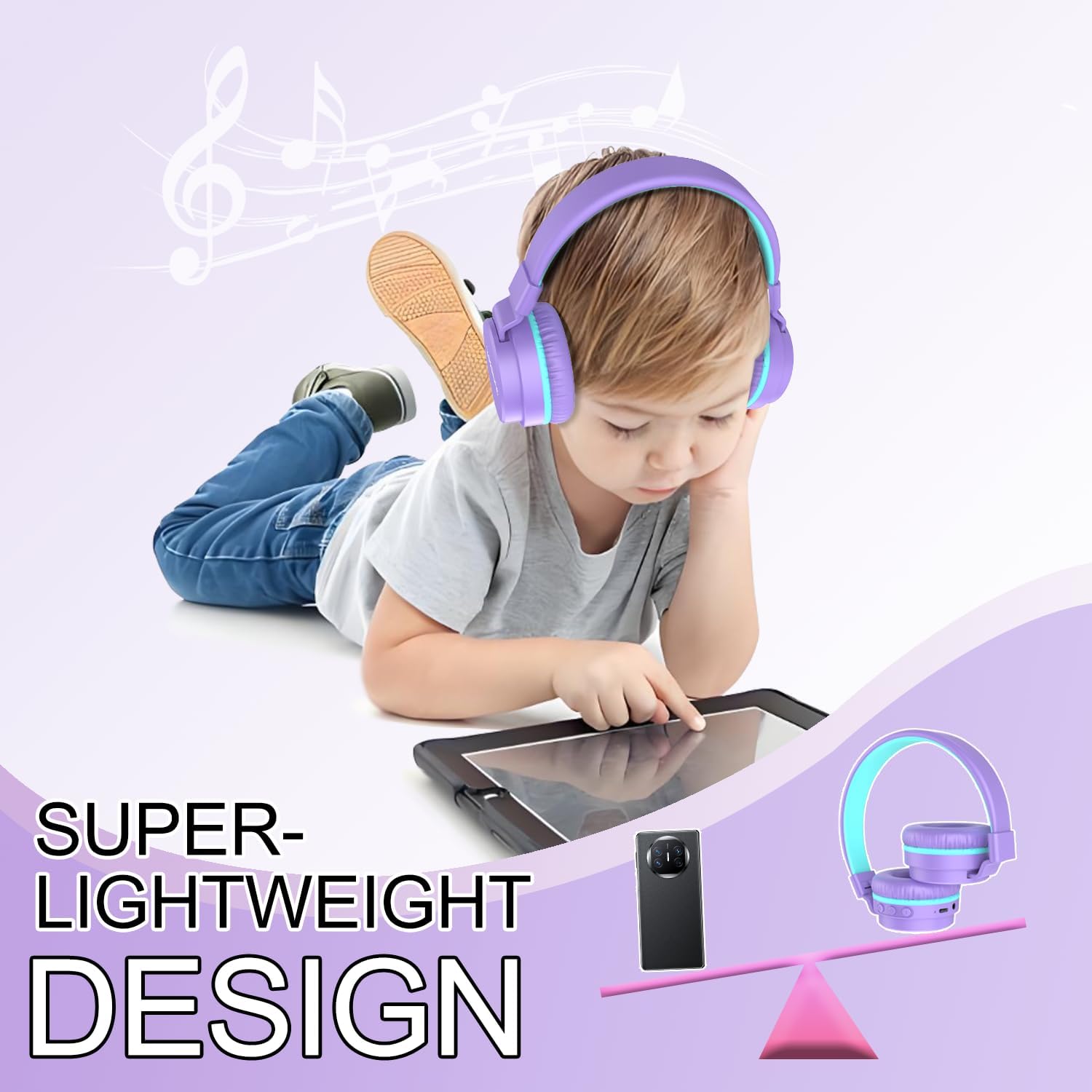 Thumbnail 4 de Kids Bluetooth Headphones (Purple) with Built-in Mic, 40H Playtime & Bluetooth 5.3 (Over-Ear, Volume Limited)