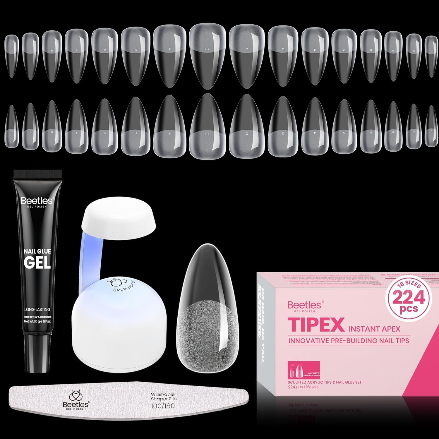 Detalle de Beetles Tipex Gel Nail Kit with Medium Almond Tips (224 Pcs) – 16 Sizes, Glue, Mini Lamp
