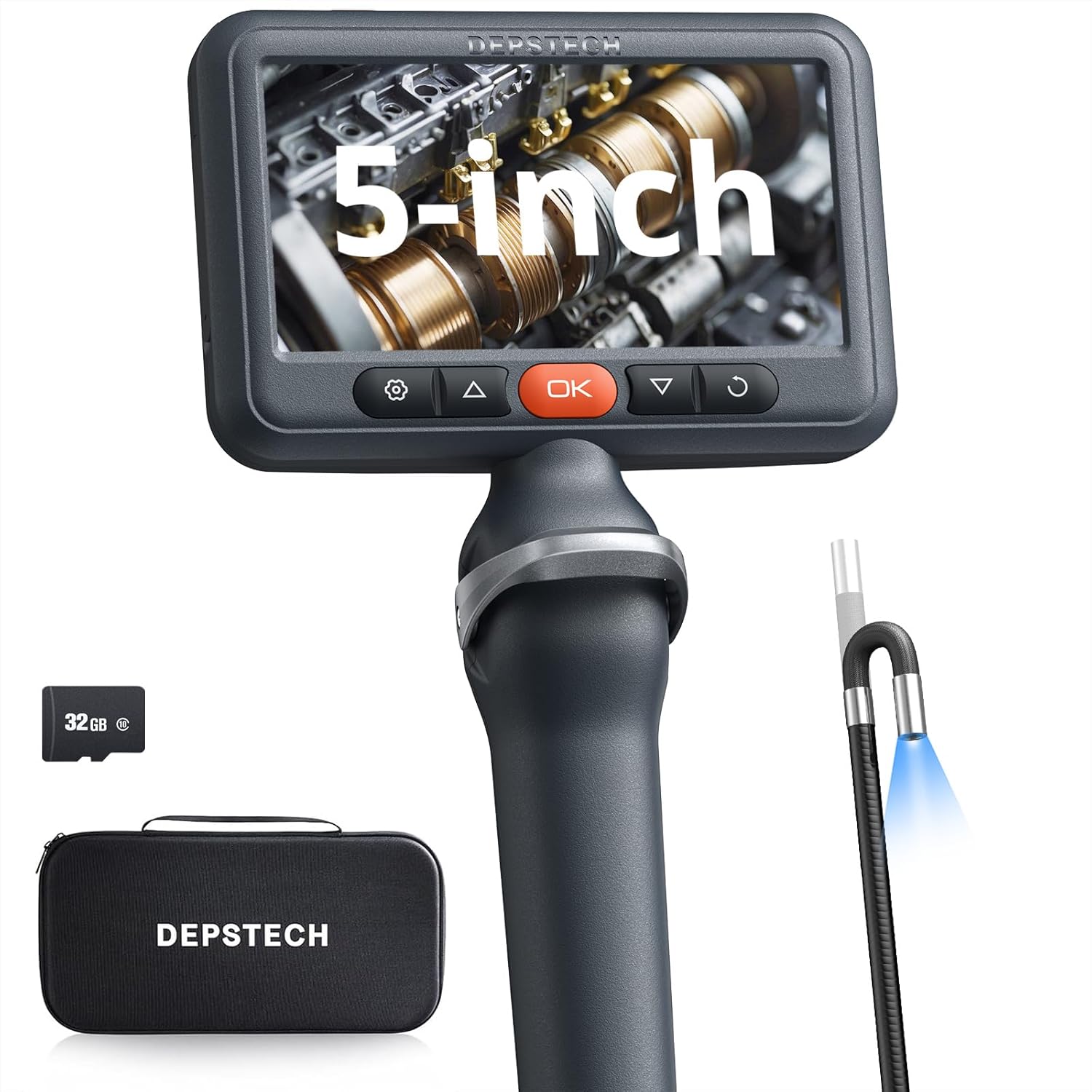 Detalle de DEPSTECH 210° drehbare Endoskopkamera mit Licht, 5-Zoll-IPS und 1080P – 6,2-mm-Rohrkamera