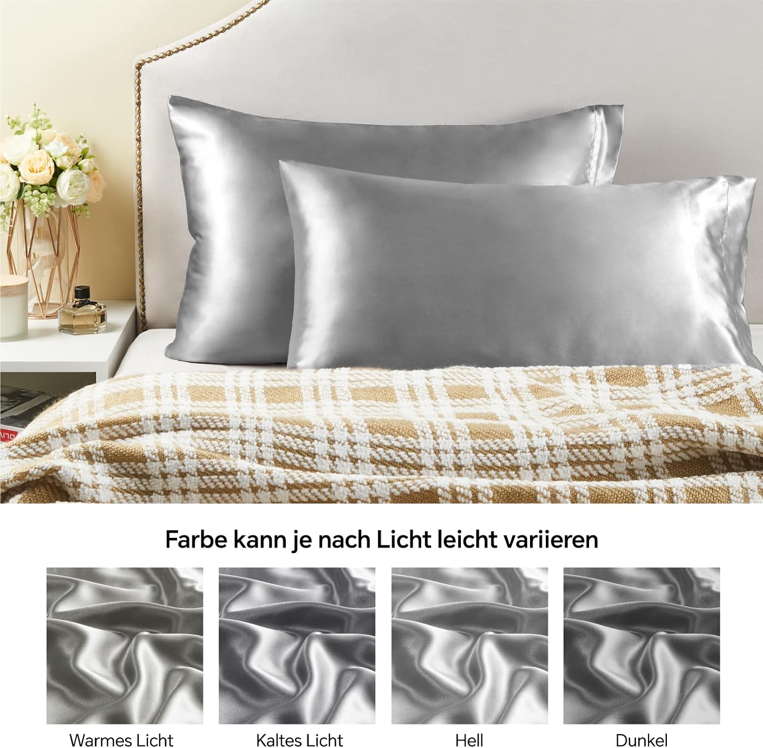 Detalle 2 de BEDELITE Seidenkissenbezug 40 x 80 Satin Grau 🎗