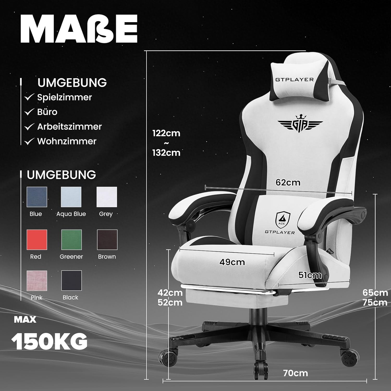Detalle de GTPLAYER Gaming Stuhl – Ergonomischer Stoff-Gamer-Stuhl mit Lendenwirbelstütze, breite Rückenlehne, 150 kg Belastbarkeit, Grau