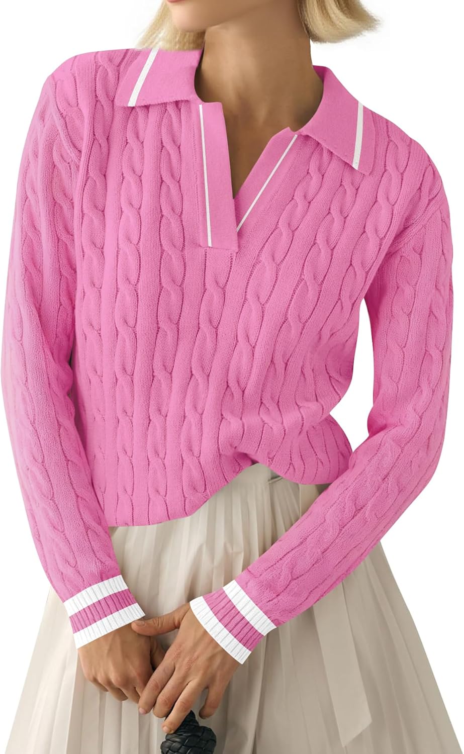 Detalle 2 de LACOZY Women's Cable Knit Polo V-Neck Pullover