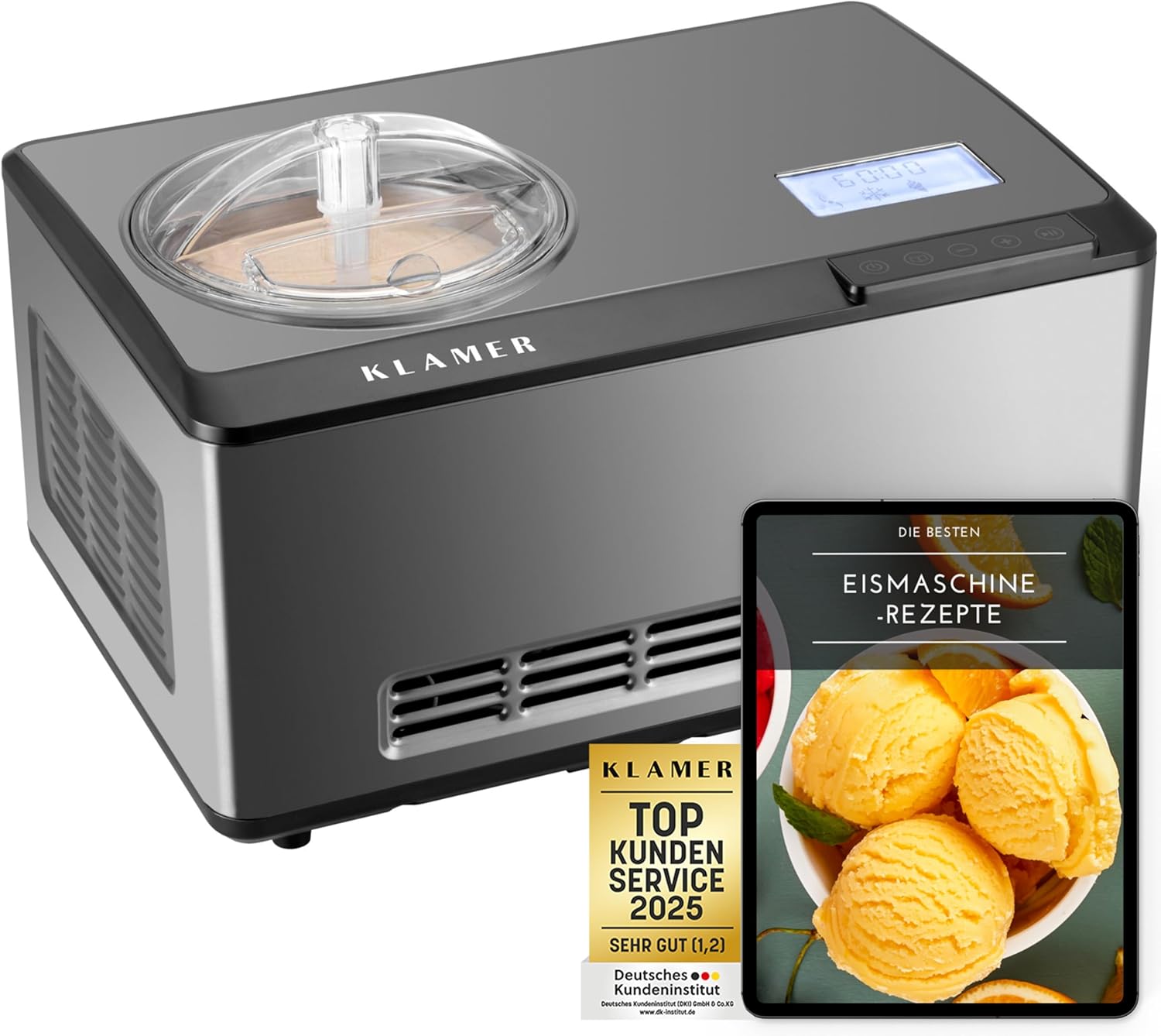 KLAMER 2-in-1 Eismaschine & Joghurtbereiter 2 L (180 W) aus Edelstahl mit Kühl- und Heizfunktion