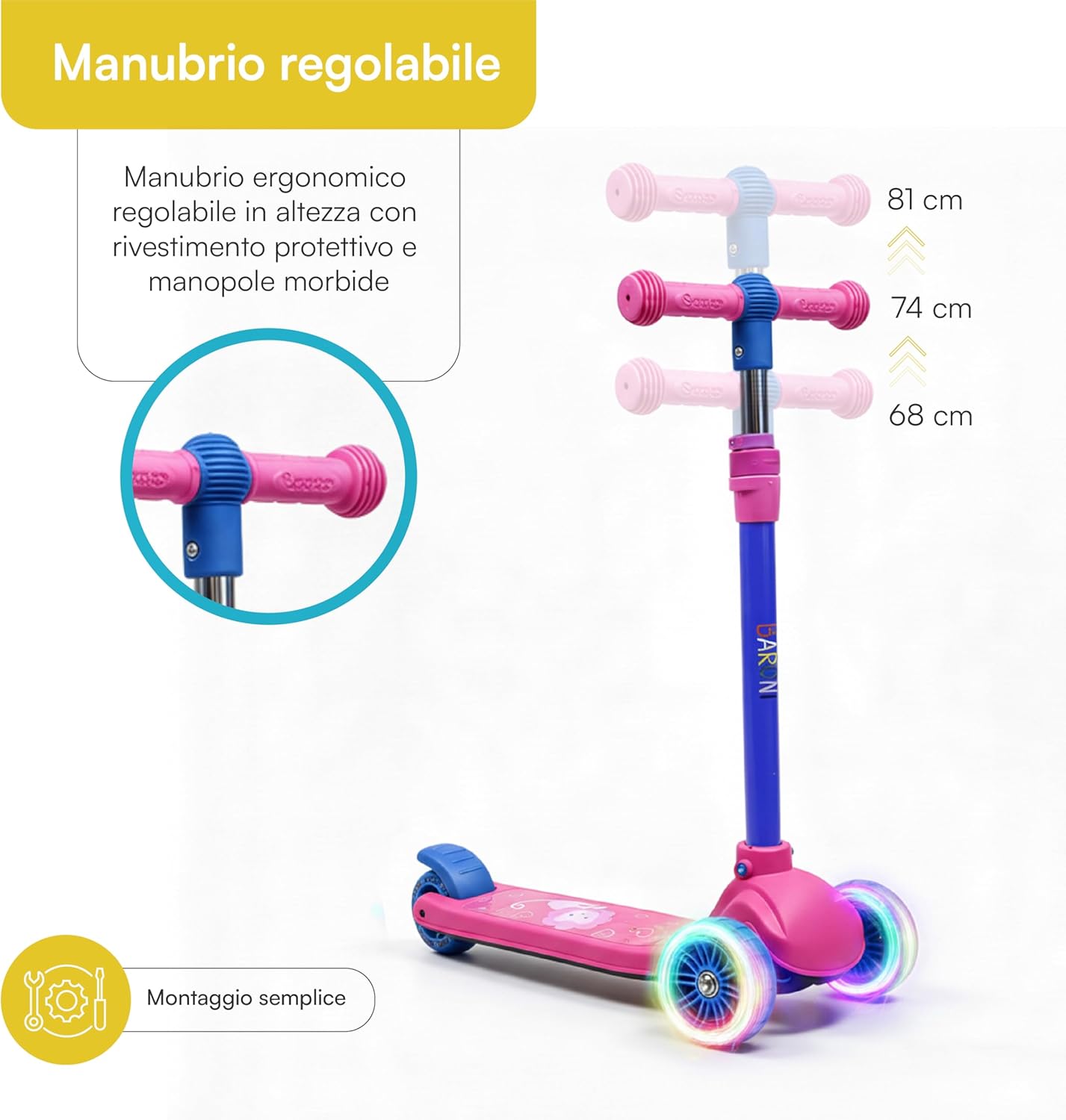 Detalle de Baroni Toys Monopattino a 3 Ruote LED per Bambini dai 3 Anni – Manubrio Regolabile e Freno Posteriore