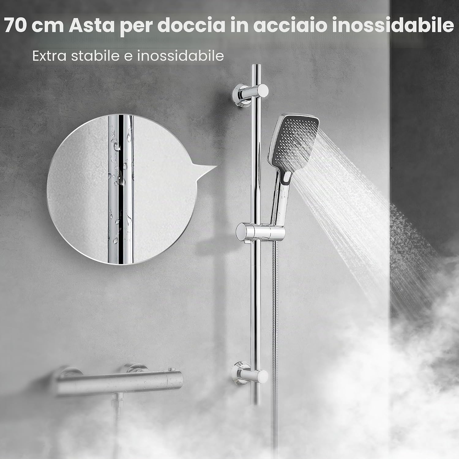 Thumbnail 1 de JOHO Asta Doccia in acciaio inox 70 cm con supporto regolabile e mensola cromata