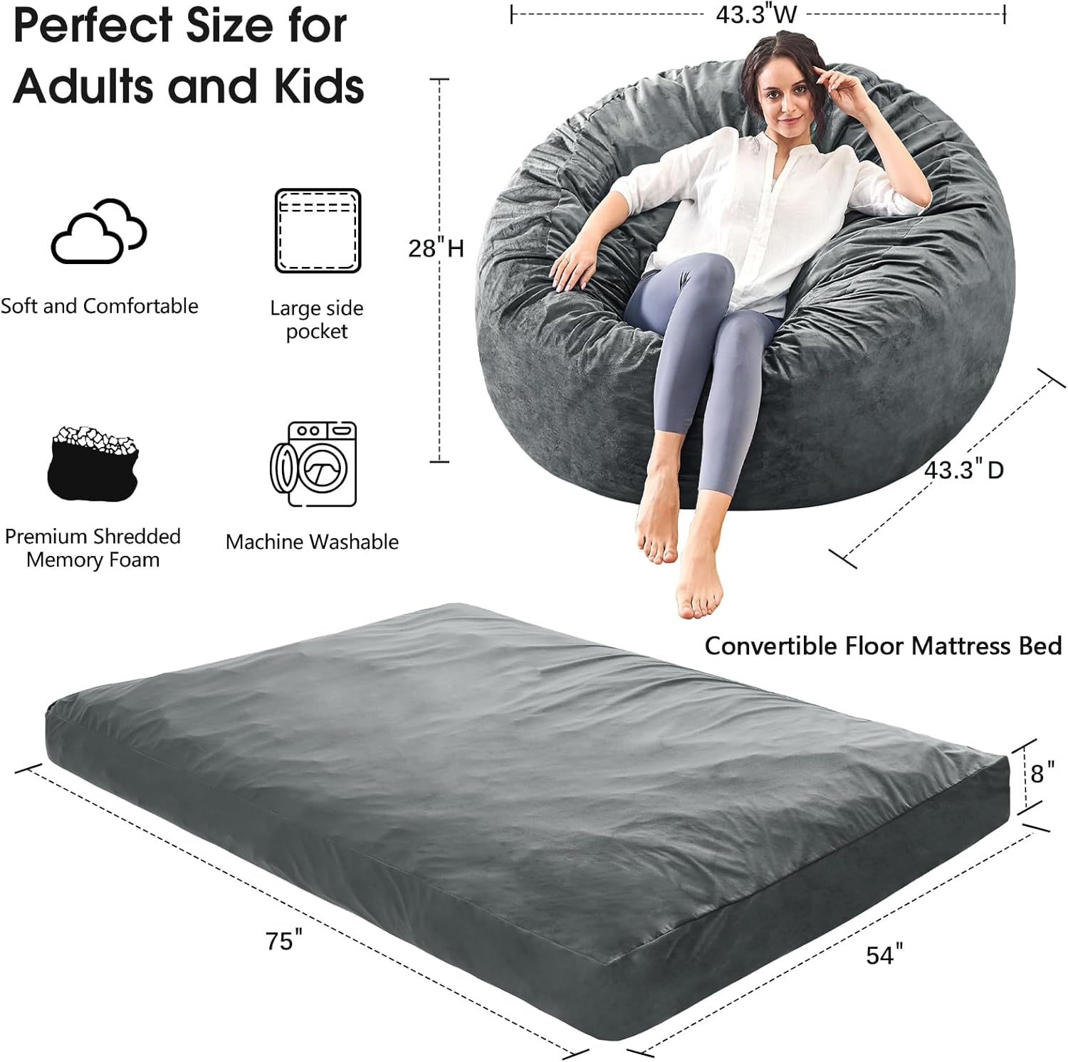 Thumbnail 2 de ILPEOD Bean Bag Chair 100% Convertible Bed