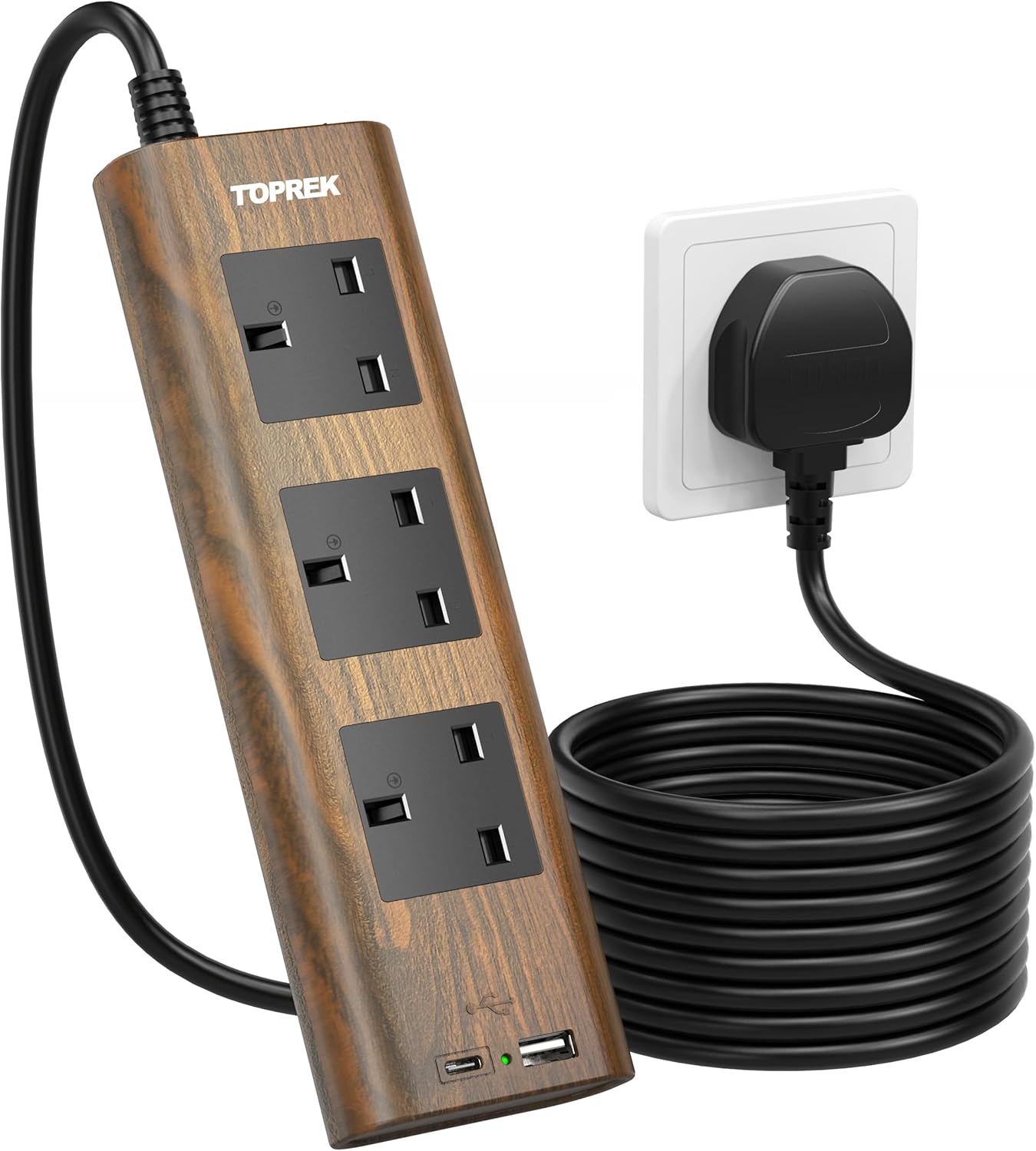 TOPREK Wood Grain 3-Way Extension Lead 2m