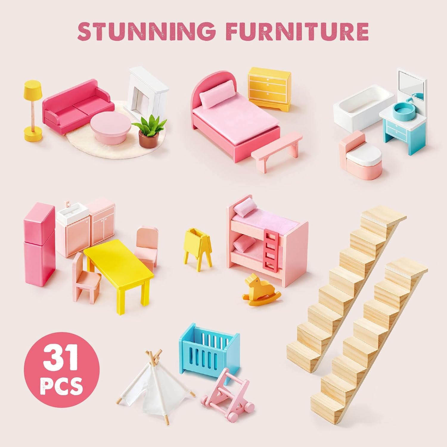 Thumbnail 4 de Tiny Land Wooden Dollhouse 6 Rooms đźŹ