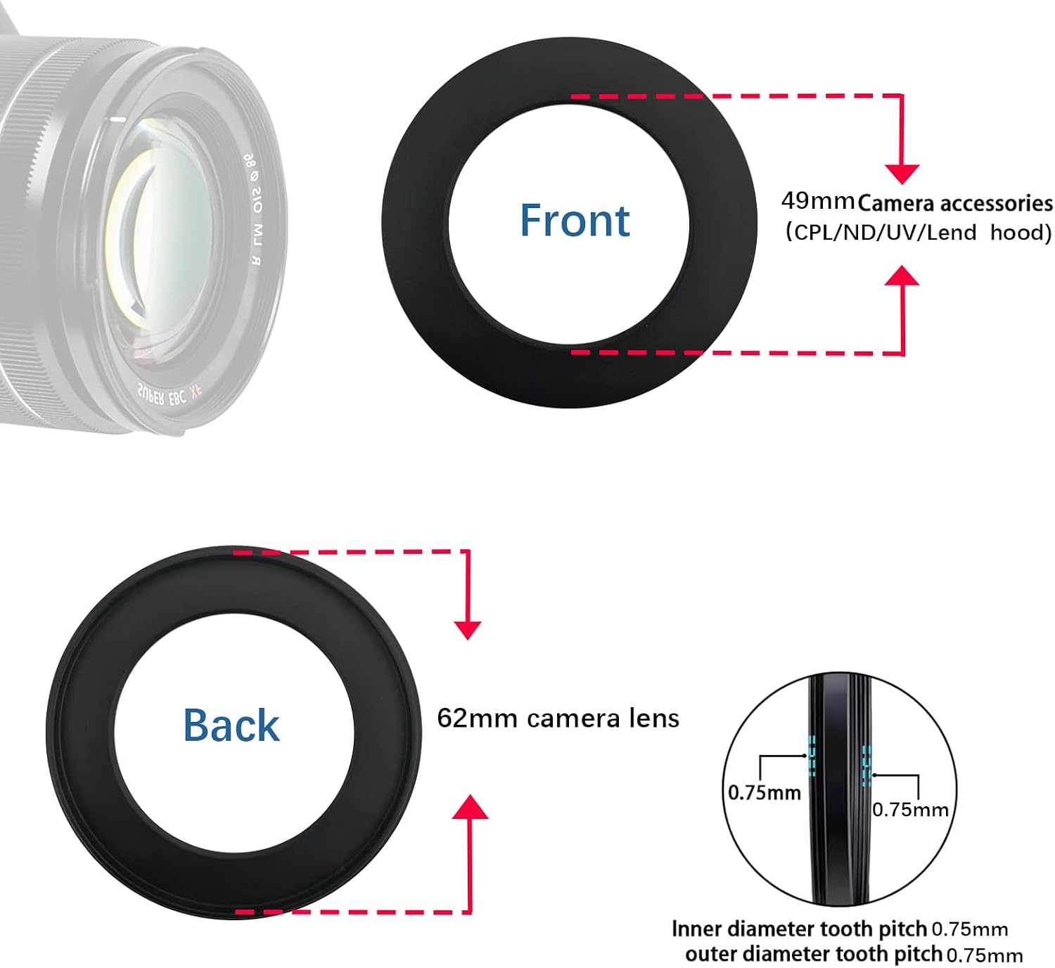 Thumbnail 3 de 62mm to 49mm Step-Down Ring: 62mm-49mm Camera Filter Adaptor for UV/ND/CPL Filters