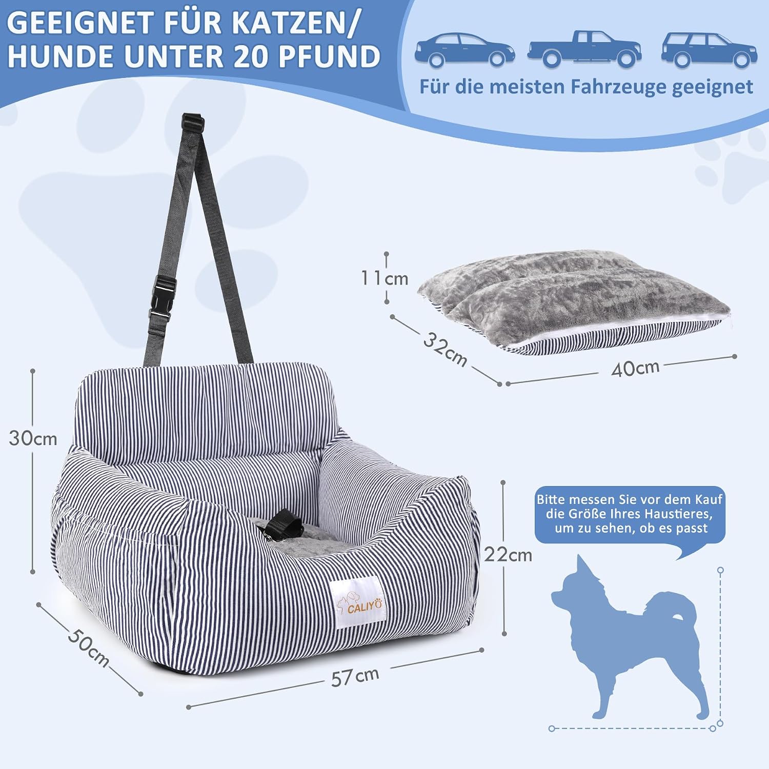Thumbnail 1 de CALIYO Hundeautositz mit stabiler Basis, Sicherheitsgurt & Memory-Foamauflage (blau/weiß) – für Hunde bis 10 kg