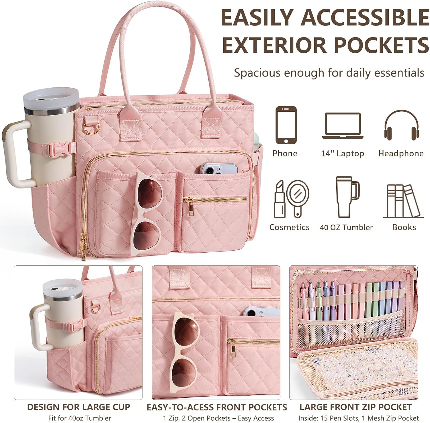 Detalle de FLOE SJTT001 Quilted Bible Tote Bag with Study Supplies and Laptop Sleeve
