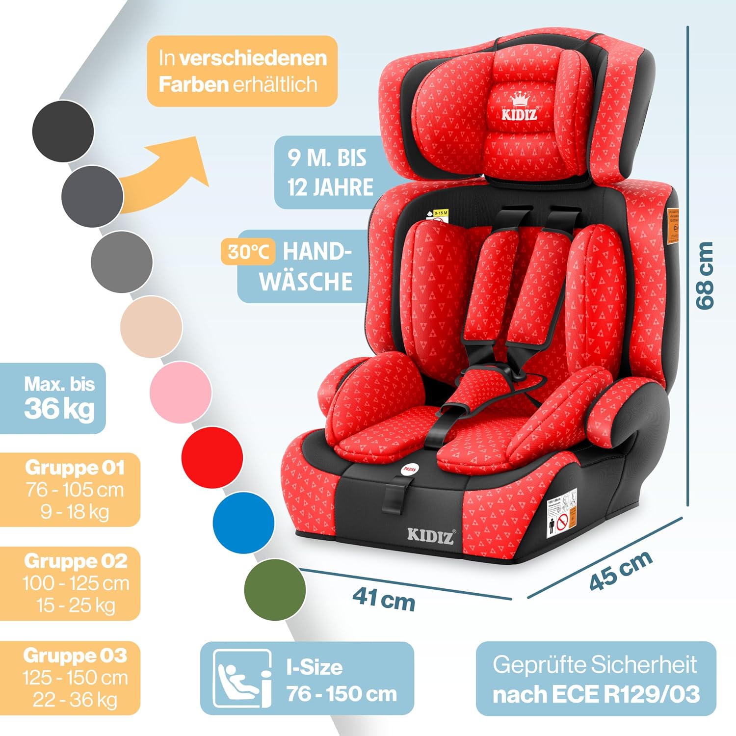 Thumbnail 1 de KIDIZ Autokindersitz i-Size R129 100–150 cm (bis 12 Jahre) – Kinderautositz Gruppe 1/2/3 ohne ISOFIX, mit 5-Punkt-Gurt und höhenverstellbarer Kopfstütze