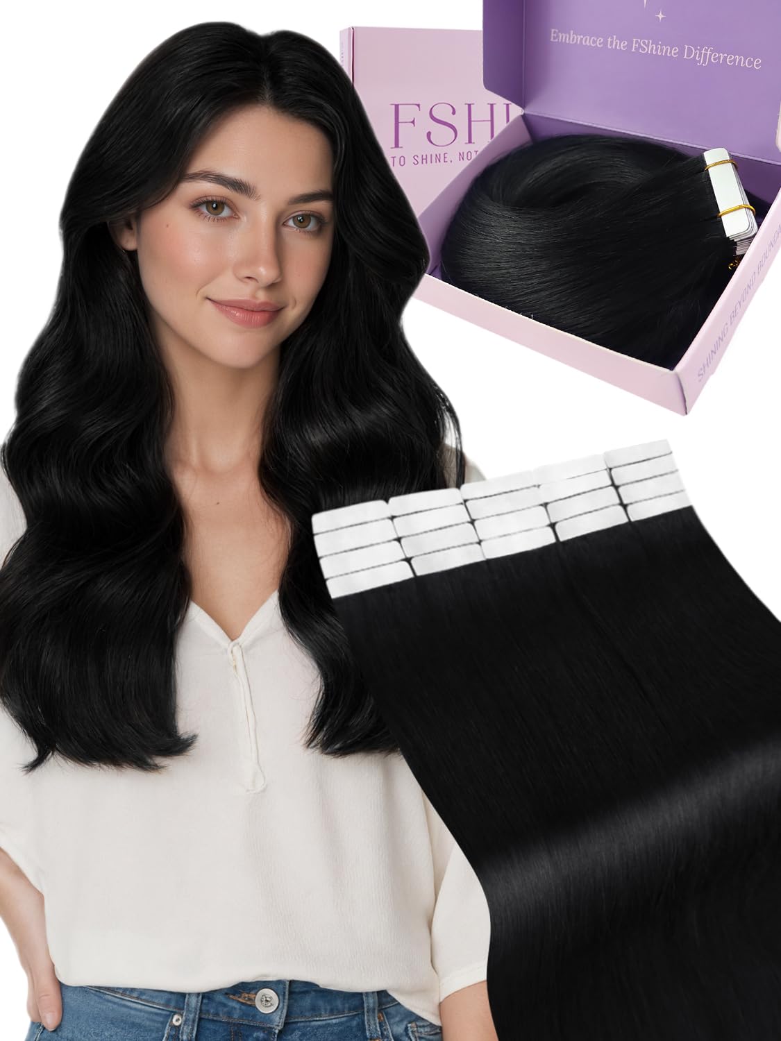 Detalle de Fshine Tape-in Extensions Echthaar Tiefschwarz (30 g, 20 Stück) – Remy-Haar mit doppelseitigem Klebeband