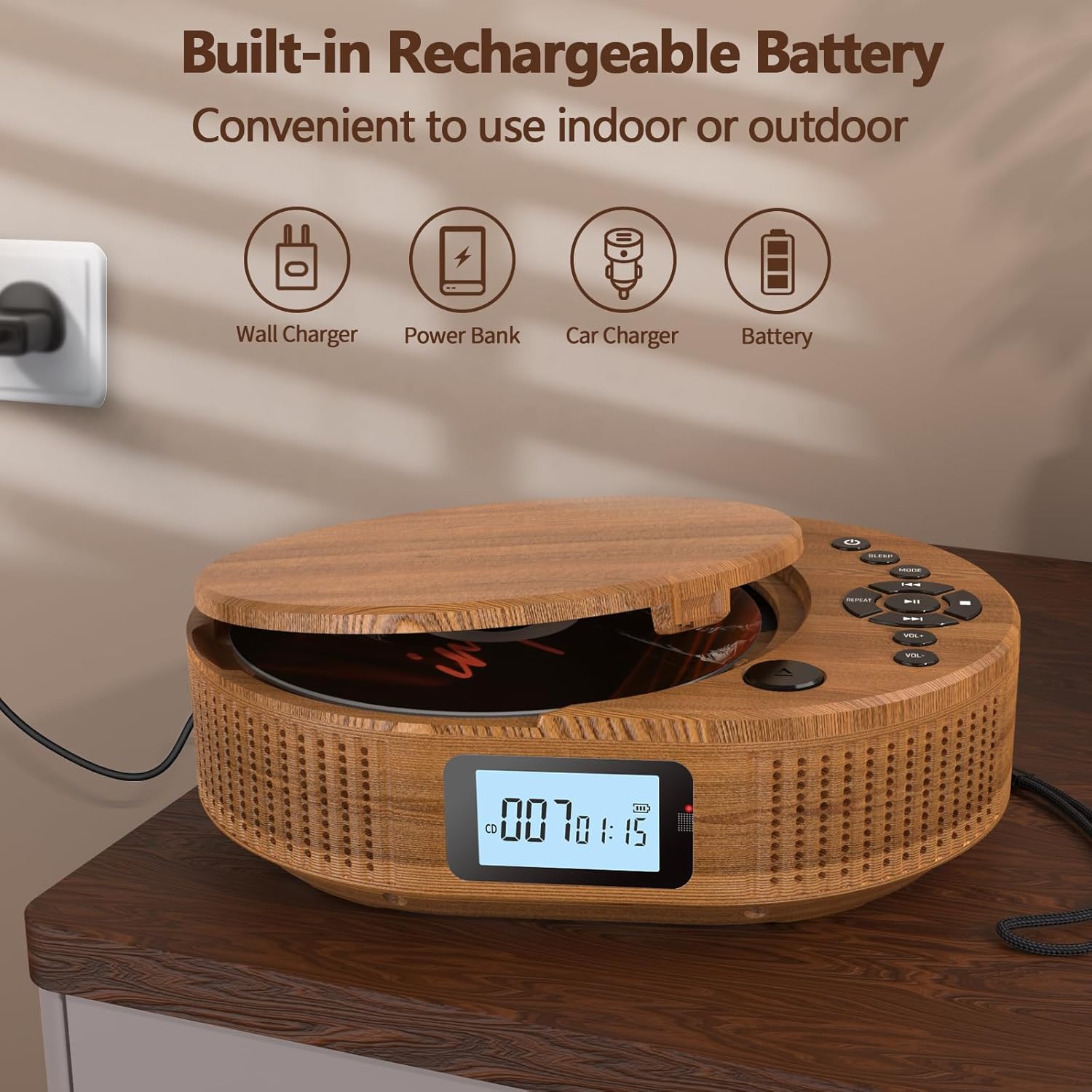 Detalle de Lecteur CD Boombox 2-en-1 Bluetooth rechargeable avec radio FM et haut-parleur (télécommande, AUX/USB, prise casque)