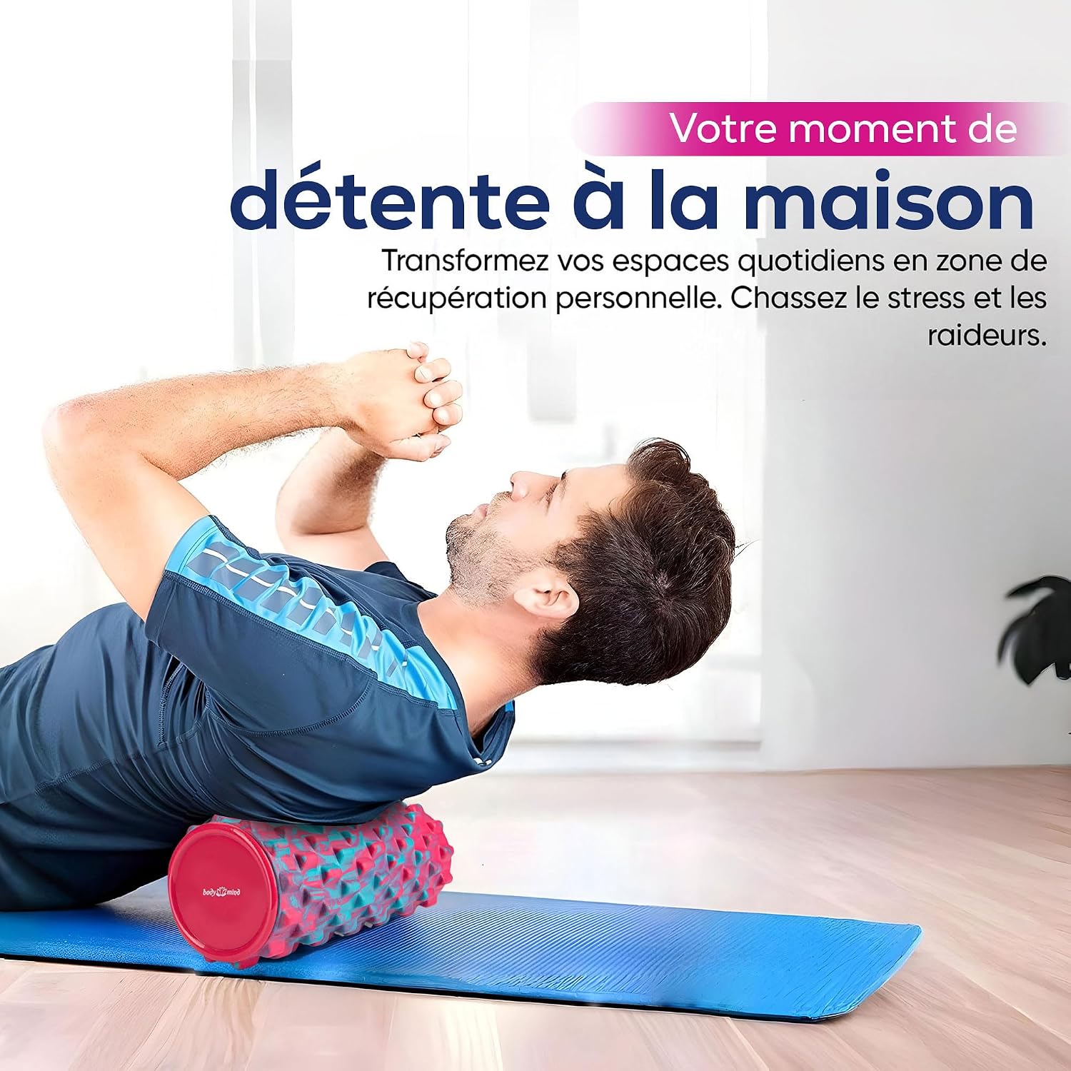Detalle de Body & Mind Fascia Roller foamroller 33 x 14,5 cm met 3D-noppen, roze/blauw
