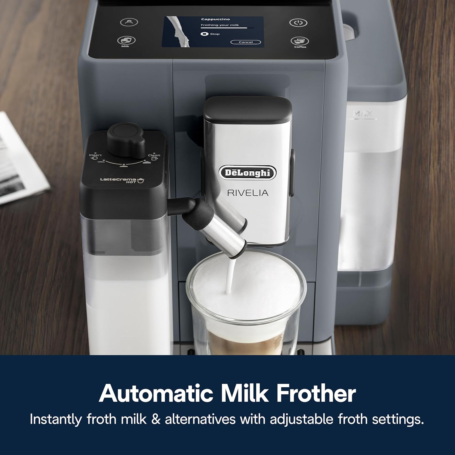 Detalle de De'Longhi Rivelia Automatic Espresso Machine, Grinder & Frother, Pebble Gray