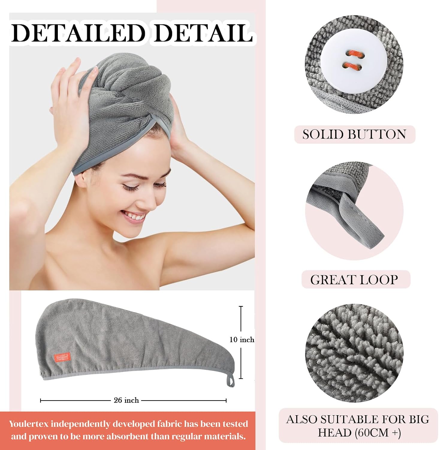 Detalle de YoulerTex Mikrofaser Handtuch Haare Turban (2er-Set) – Schnell trocknendes Haarhandtuch mit Knopf für lange Locken