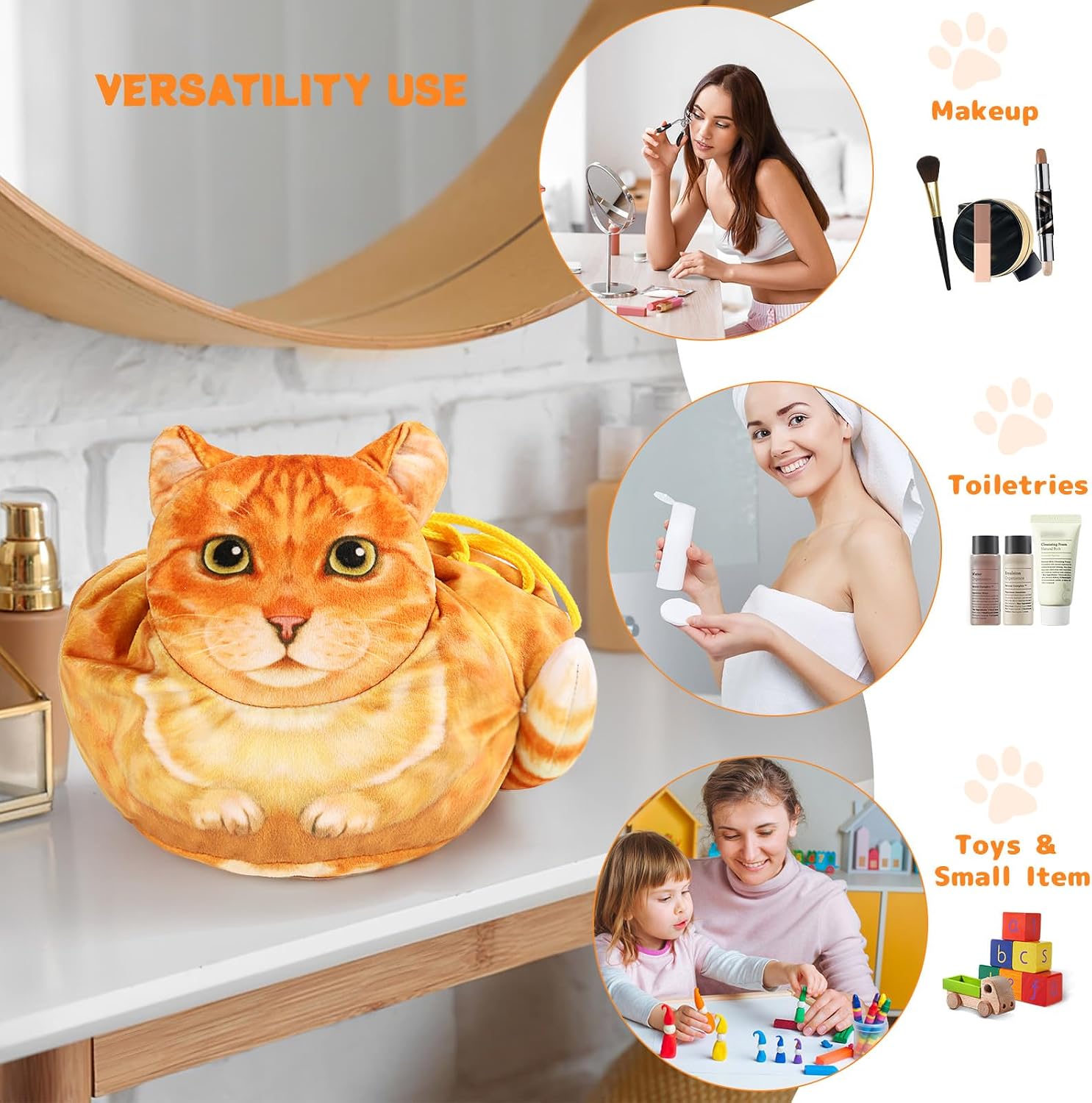Detalle de Openhahaha toilettas met trekkoord, polyester en oranje kattenmotief