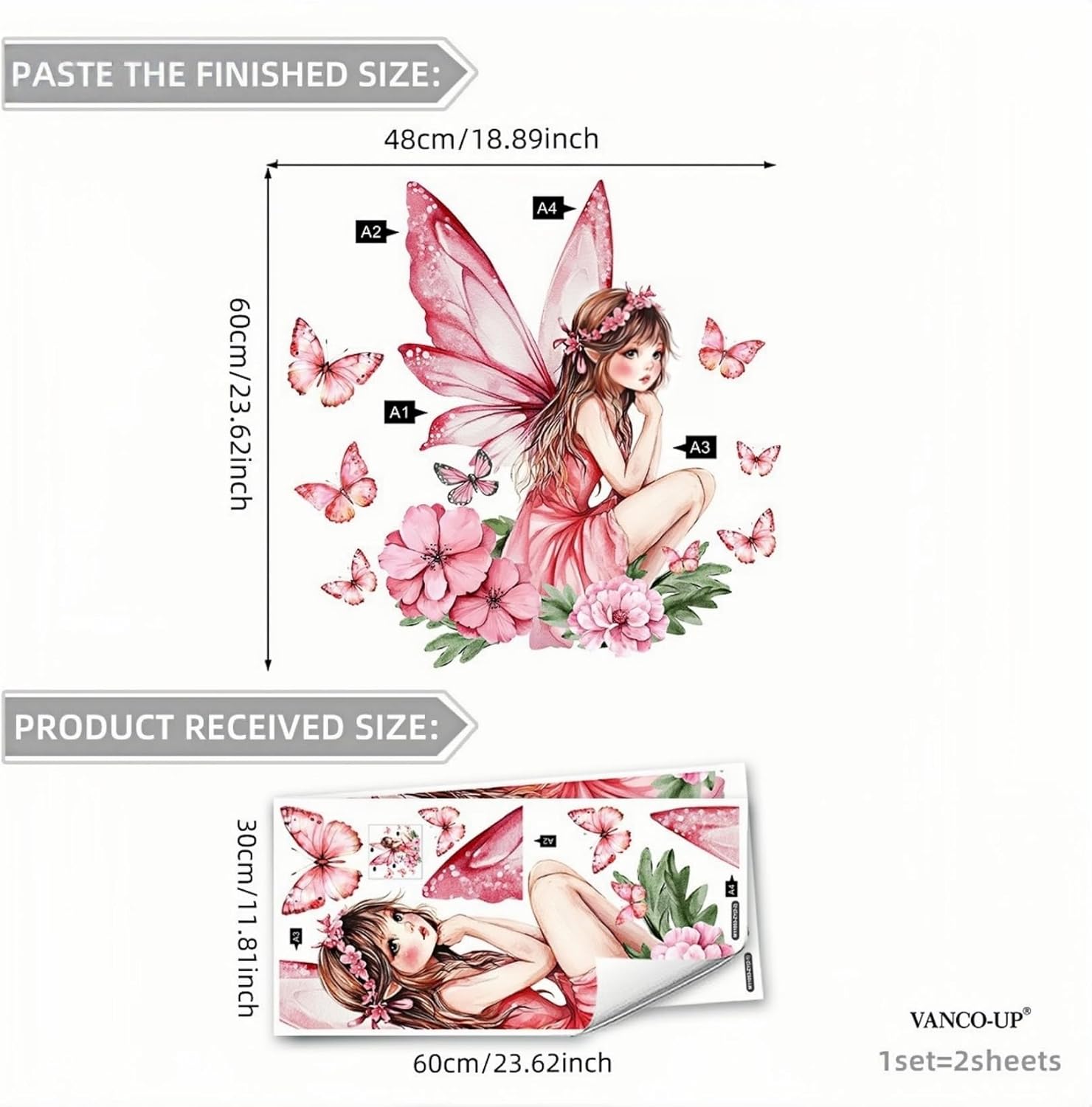 Thumbnail 6 de Flower Fairy Wall Stickers for Girls Room – Pink Floral Butterfly Wall Mural DIY PVC Decals (2 Sheets)