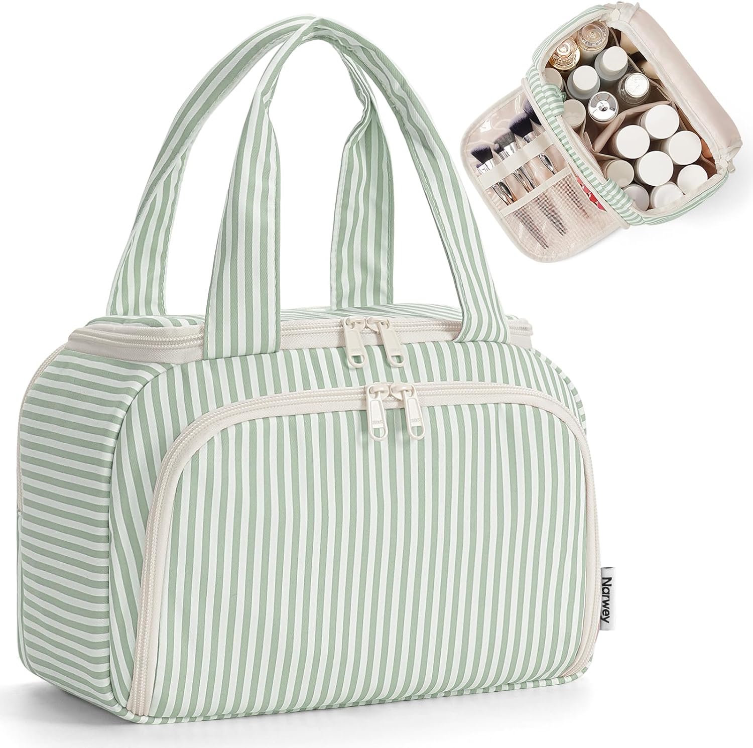 Detalle de Narwey Large Toiletry Bag for Women (Mint Green Stripe): A Practical Travel Organizer