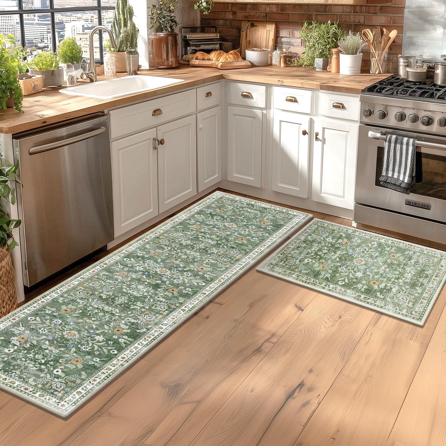 Thumbnail 2 de Yamaziot Washable Kitchen Rug Set of 2: Non-Slip Boho Floral Runner Rugs (2x3 and 2x5, Green)