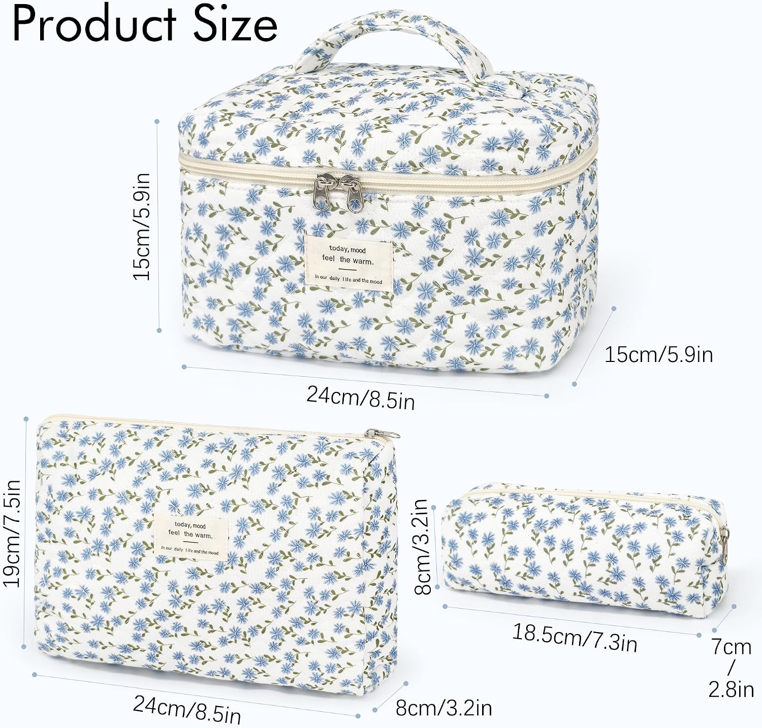 Thumbnail 1 de YMIFEEY 3er Kosmetiktasche-Set Blau Blumen – Klein, Mittel und Groß, robustes Baumwollmaterial, Reise-Beauty-Organiser