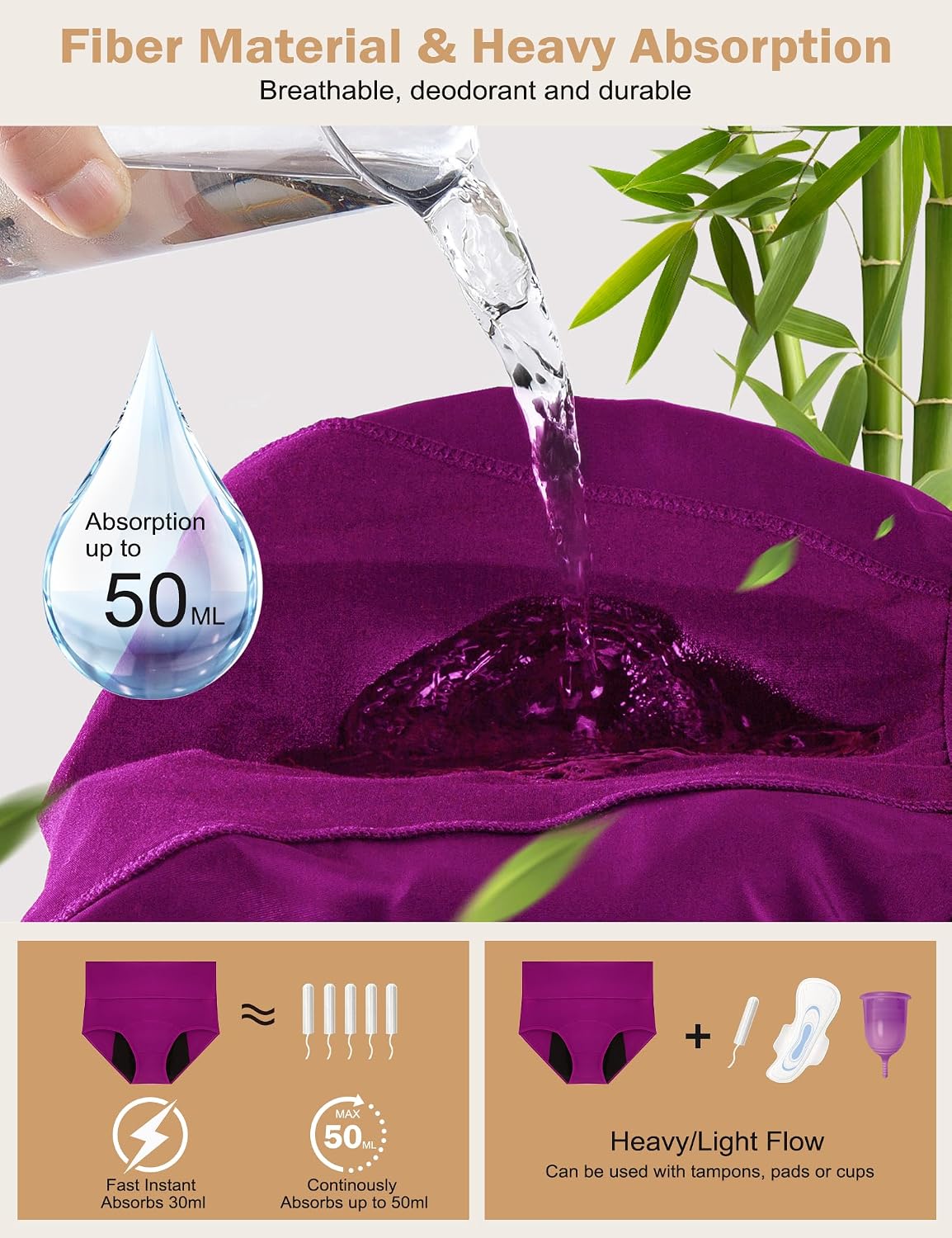 Detalle 2 de ECO PERIOD Heavy Flow Period Underwear for Women — High-Waist, Leakproof Night Protection (Up to 50ml)
