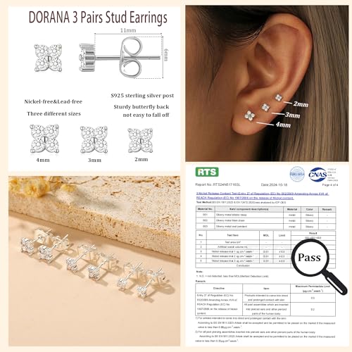 Detalle 2 de DORANA 3 Pairs 925 Sterling Silver Stud Earrings for Women
