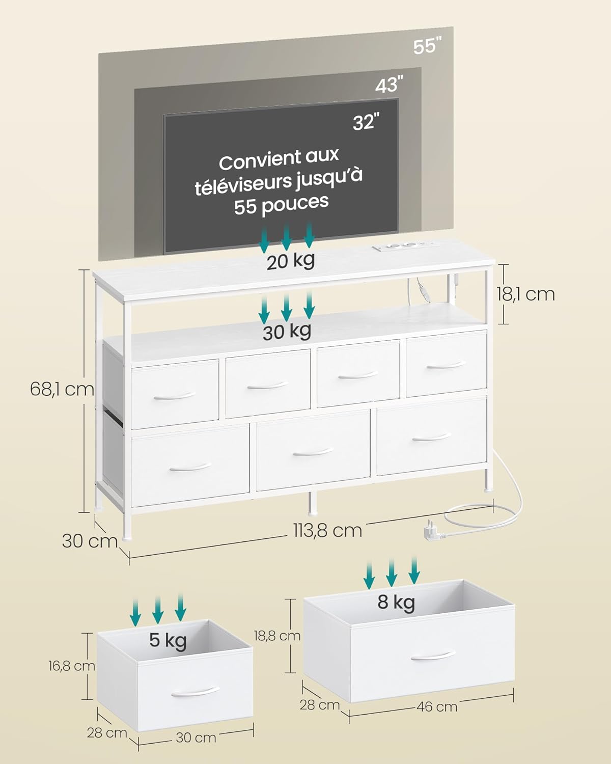 Detalle 2 de SONGMICS BELLAH Commode Chambre Moderne Blanc