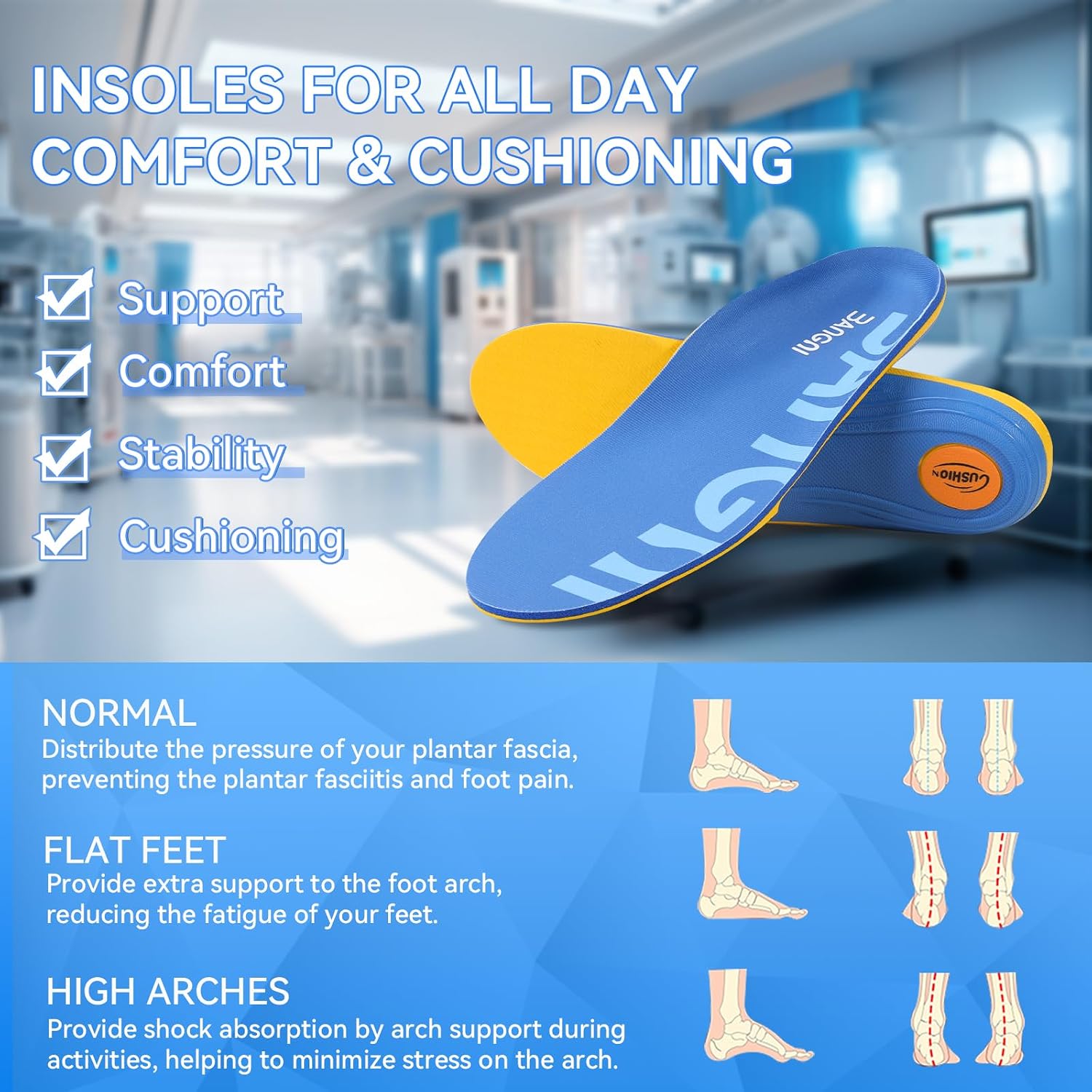 Detalle de 3ANGNI Plantar Fasciitis Insoles for 220+ lb