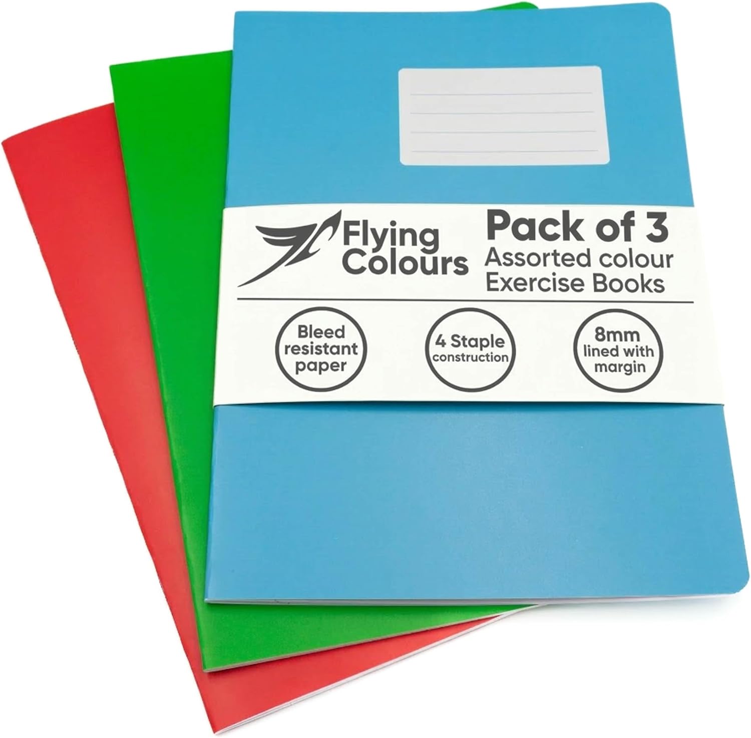 Detalle de Flying Colours A4 Exercise Books – 3-Pack, 8mm Ruled, Assorted Colours (Red, Green & Blue)