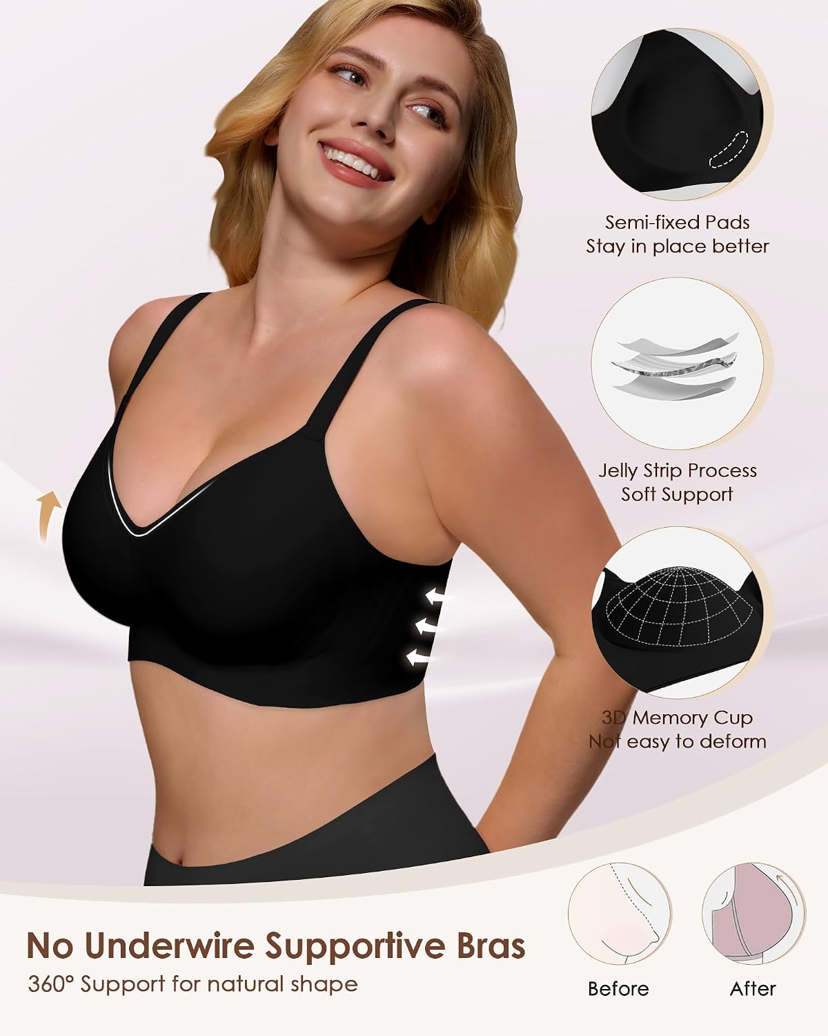 Thumbnail 1 de As Fairy Womens Soft Comfortable No Underwire Bras V Neck Seamless Push Up Bralettes Full Coverage Tshirt Brassiere