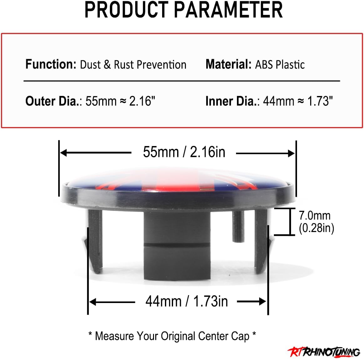 Detalle de RhinoTuning 4 Pcs 55mm Wheel Centre Caps with Union Jack Styling for Mini Cooper