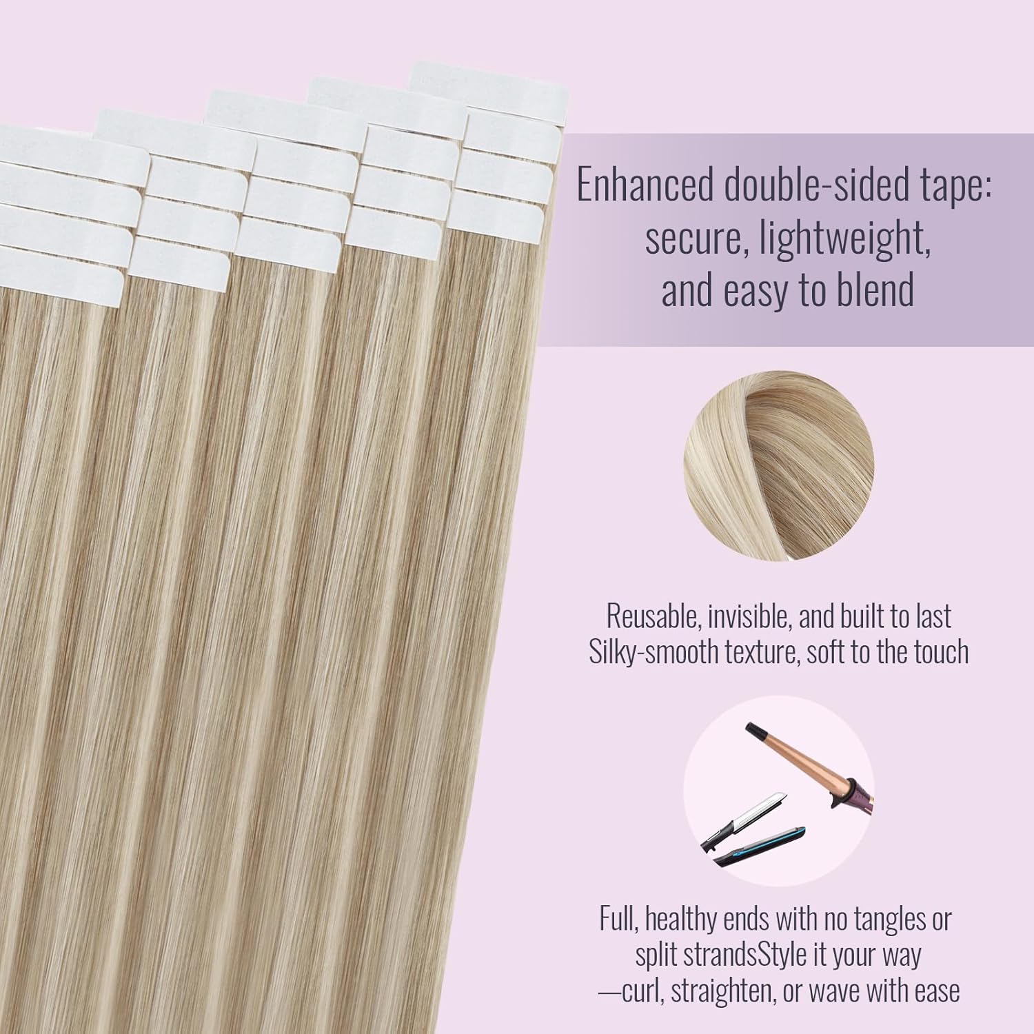 Detalle de Fshine Extension Biadesive Capelli Veri Highlight Biondo Cenere con Biondo Candido – 45 cm, 50 g, 20 pezzi