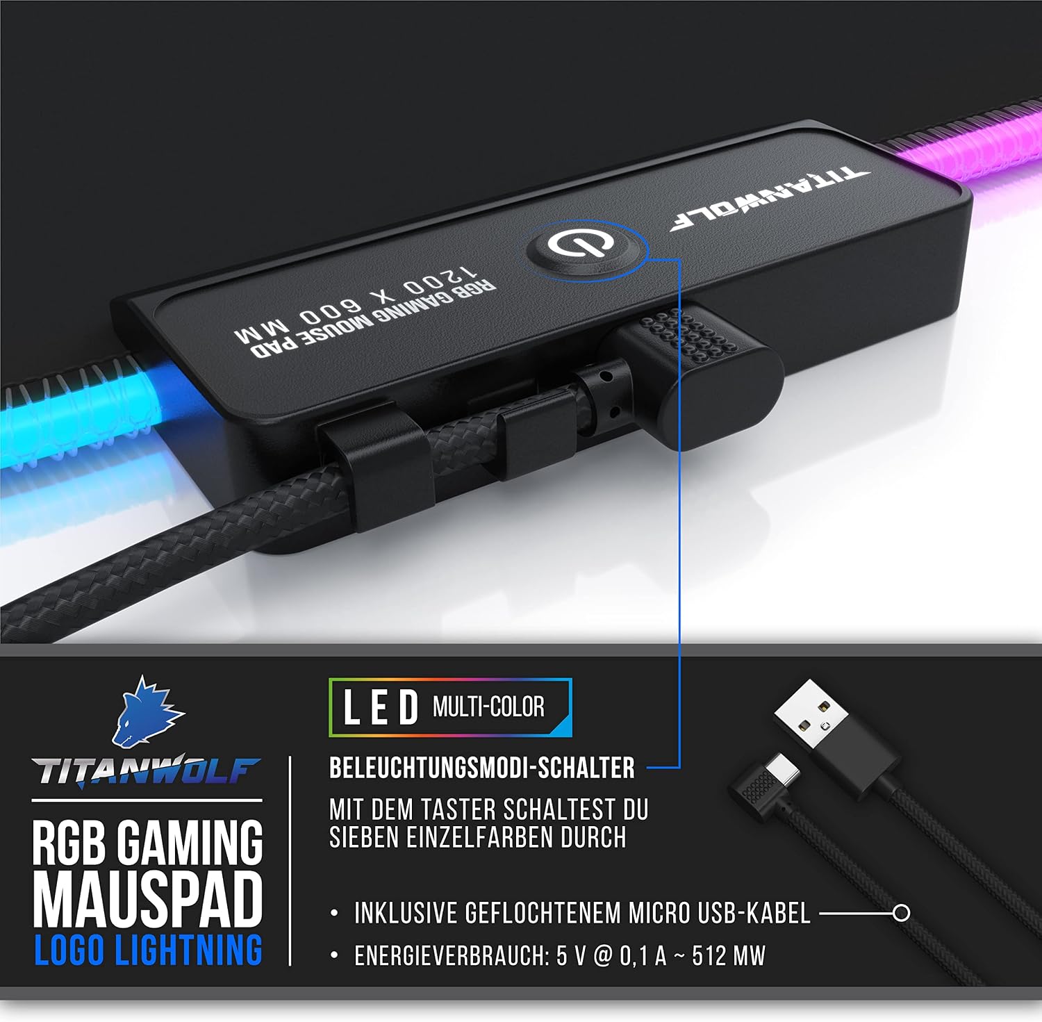 Thumbnail 4 de TITANWOLF XXXL RGB Mauspad 1200x600 mm