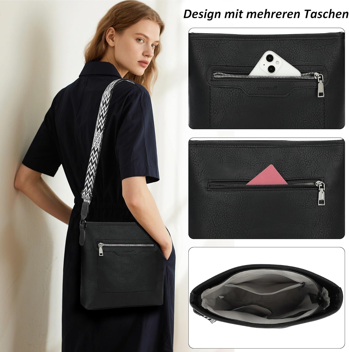Thumbnail 5 de TANTOMI Umhängetasche Damen – leichte, verstellbare Schultertasche aus Synthetik mit farbigem Band