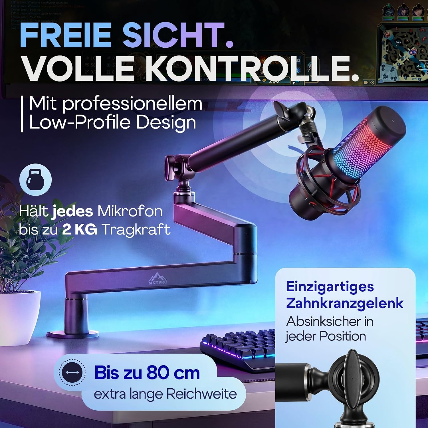MNTPRO Mikrofonarm Schreibtisch Low Profile – 80 cm Reichweite, Absinksicher, 2 kg Tragkraft