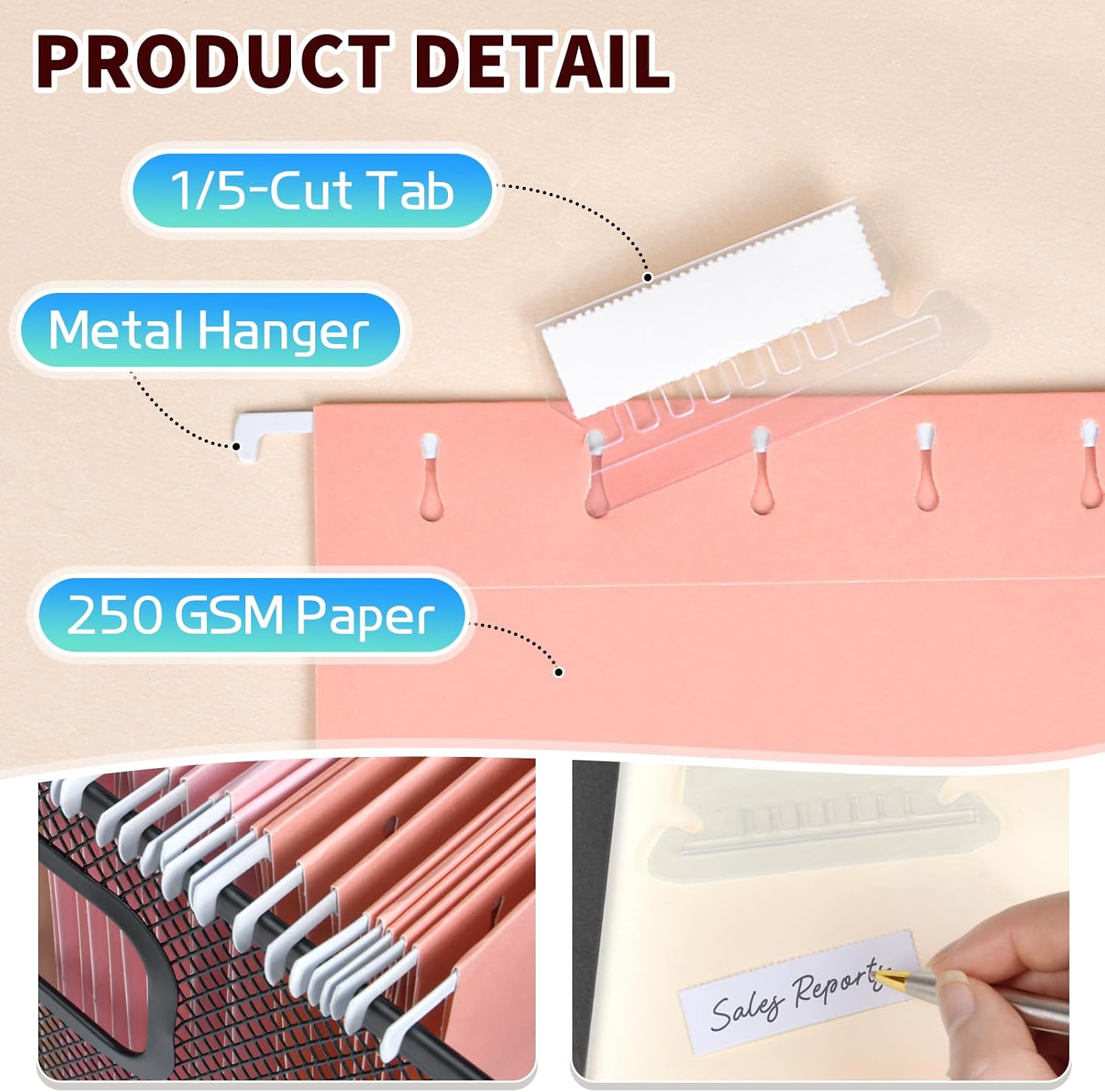Detalle 2 de Jowaia XGWJJ Hanging File Folders, Letter Size, Pastel, 1/5-Cut Tabs, 25-Pack