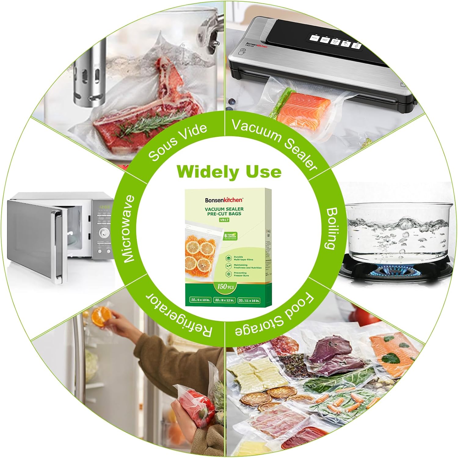 Detalle de Bonsenkitchen VB17 Vacuum Sealer Bags, 150 Precut Bags in 3 Sizes