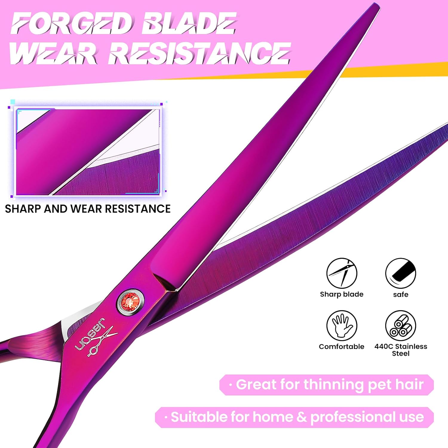 Detalle de Ciseaux professionnels courbes JASON 7,5" pour chiens et chats – violet