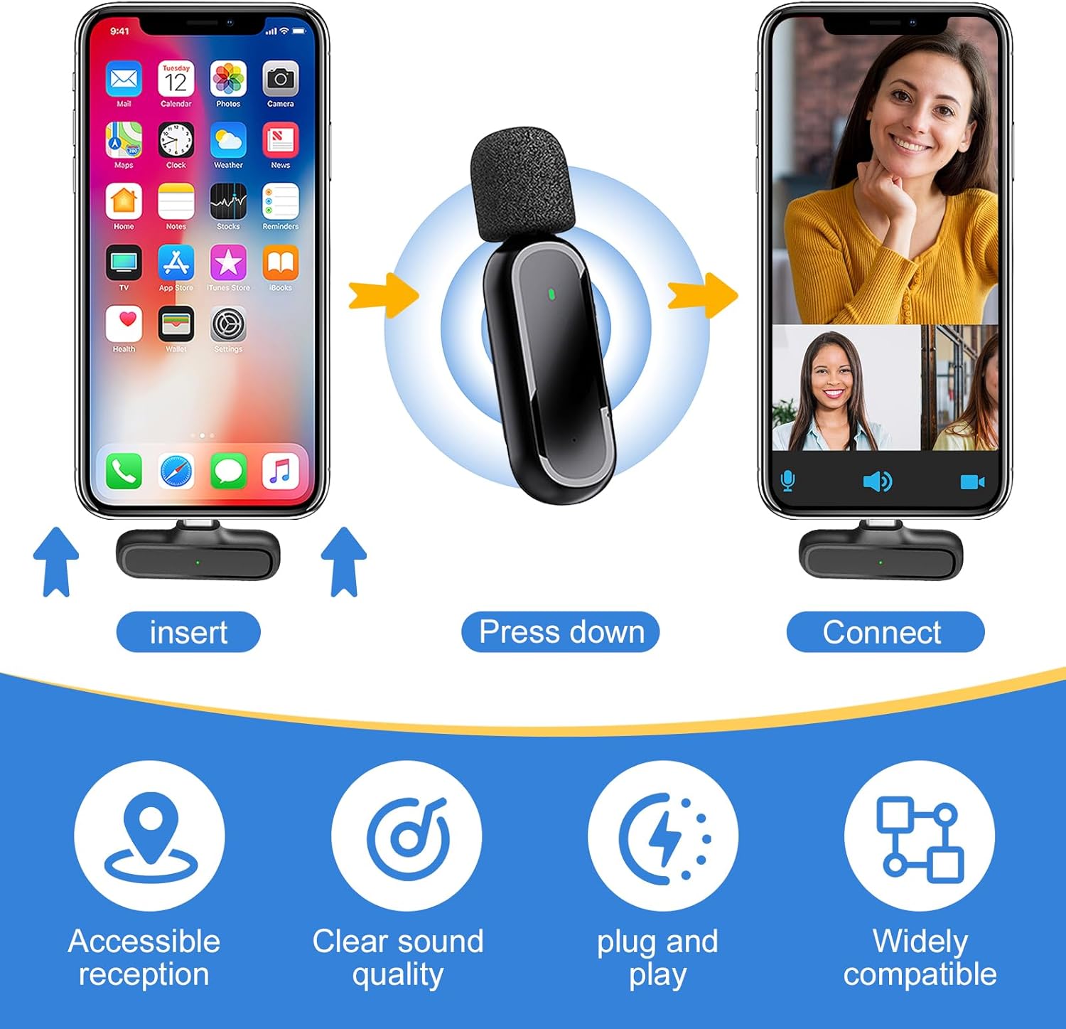 Detalle de 2er-Set kabellose Lavalier-Mikrofone für Android – Plug & Play, mit Adapter, 65 ft Reichweite, Rauschunterdrückung