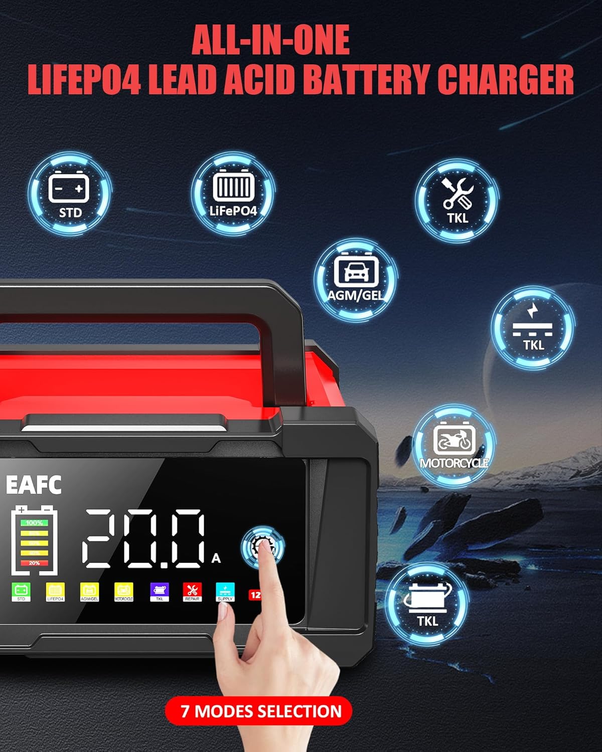 Detalle de EAFC 20Amp 12V/24V Smart Car Battery Charger & Maintainer with LCD Display