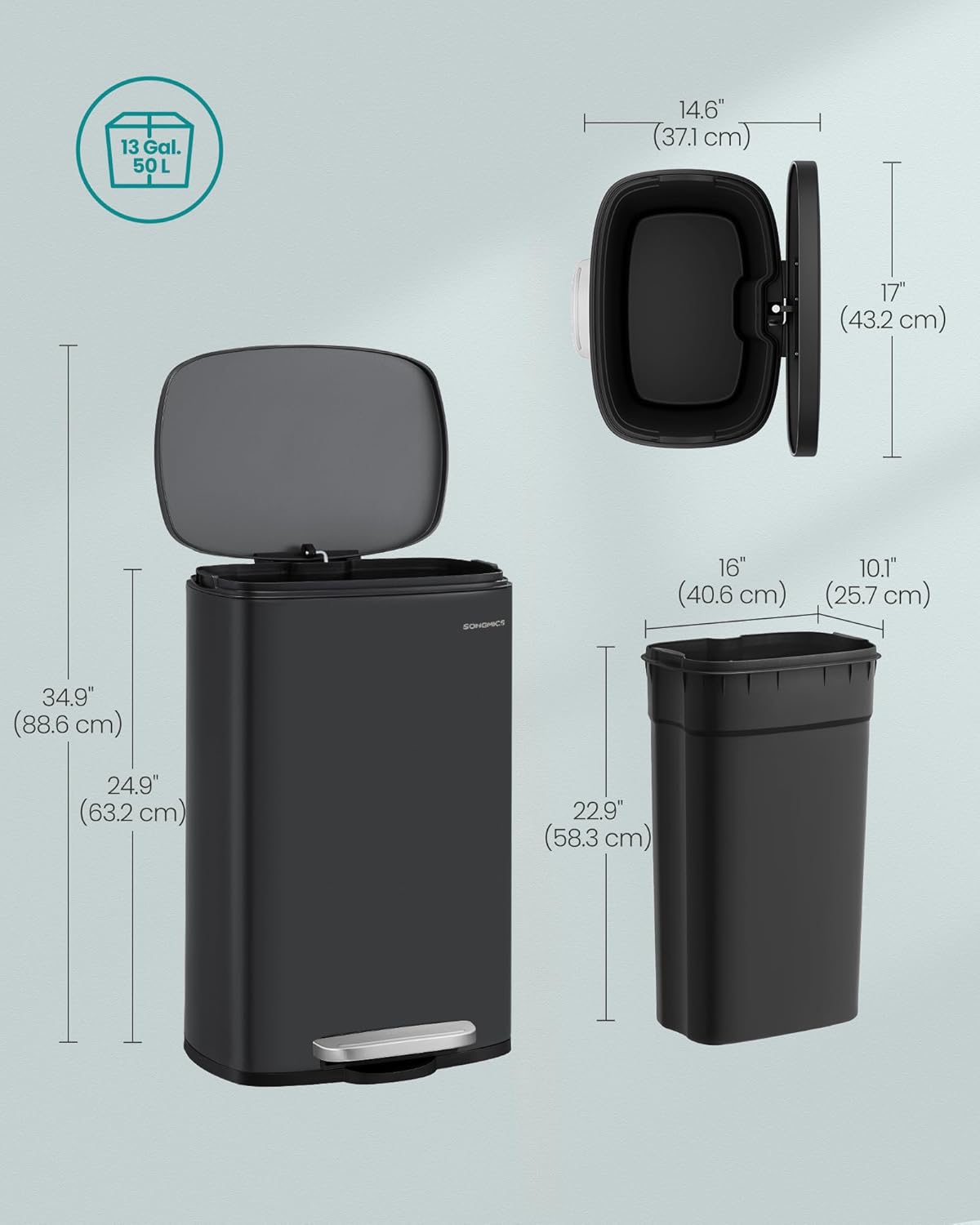 Thumbnail 5 de SONGMICS LTB050B02 13 Gallon (50 L) pedal kitchen bin with soft close, steel & inner bucket
