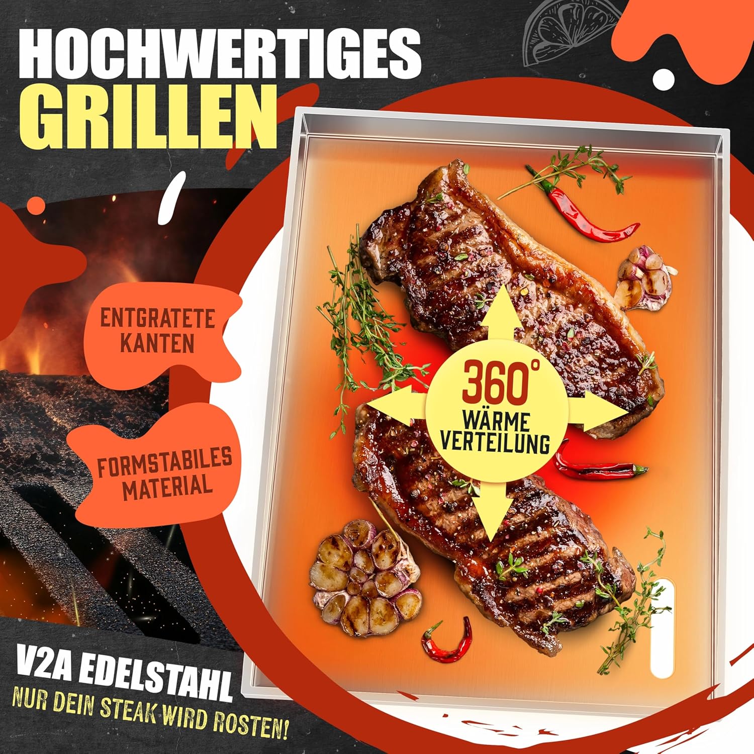 Thumbnail 2 de KESSER Plancha Grillplatte aus Edelstahl mit Deckel (40 x 30 cm) bis 800 °C, mit Fettablauf – inkl. 2 Spatel, Schürze, Grillmatte & Rezeptbuch
