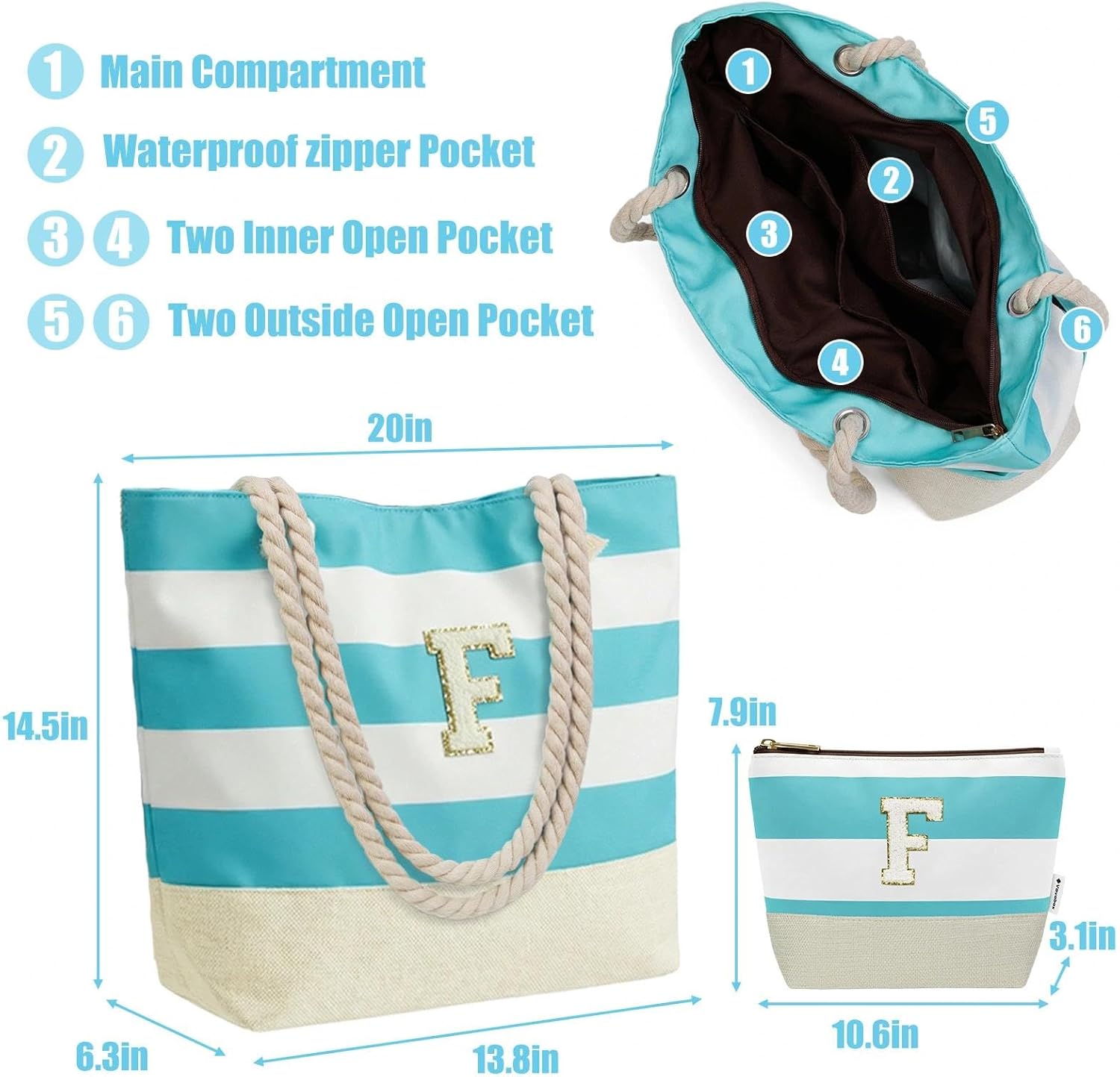 Detalle de Vavabox Beach Bag with Zip and Pockets – Personalised Linen Tote Set with Initials