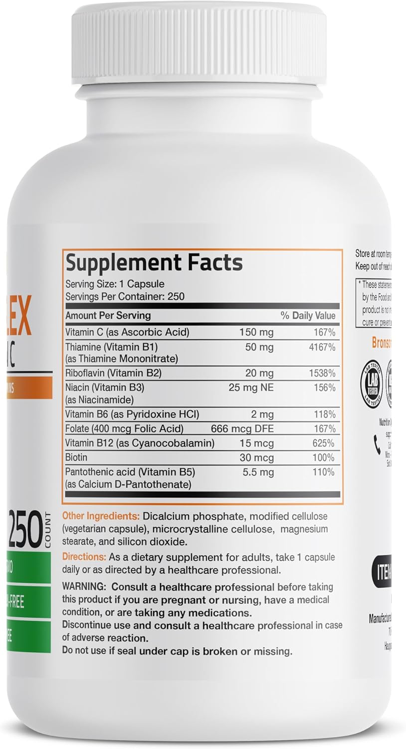 Detalle de Bronson Vitamin B Complex with Vitamin C, 250 Vegetarian Capsules