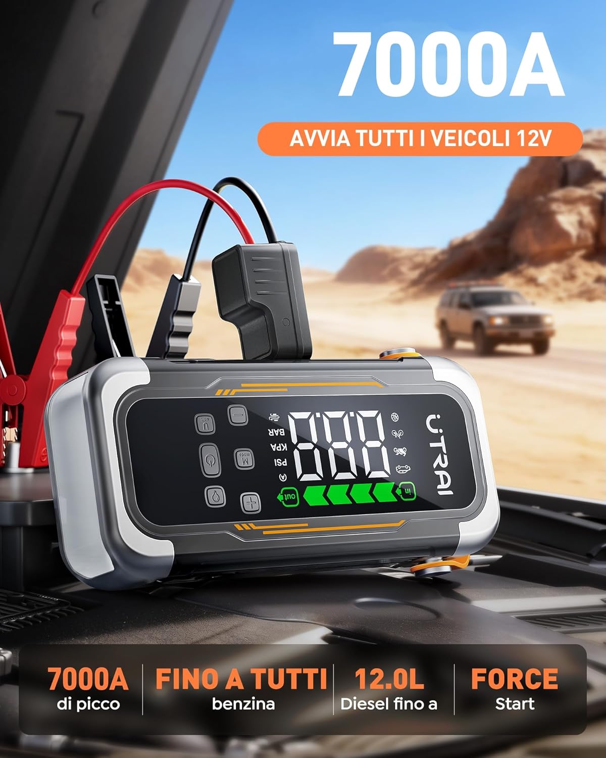 Detalle de UTRAI 7000A Booster Avviatore Auto con Compressore & Soffiatore d'aria, 12V, Power Bank PD30W e Torcia LED